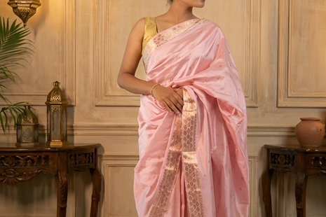 Light Baby Pink Assam Silk Saree with Heavy Gold Work With Blouse Piece