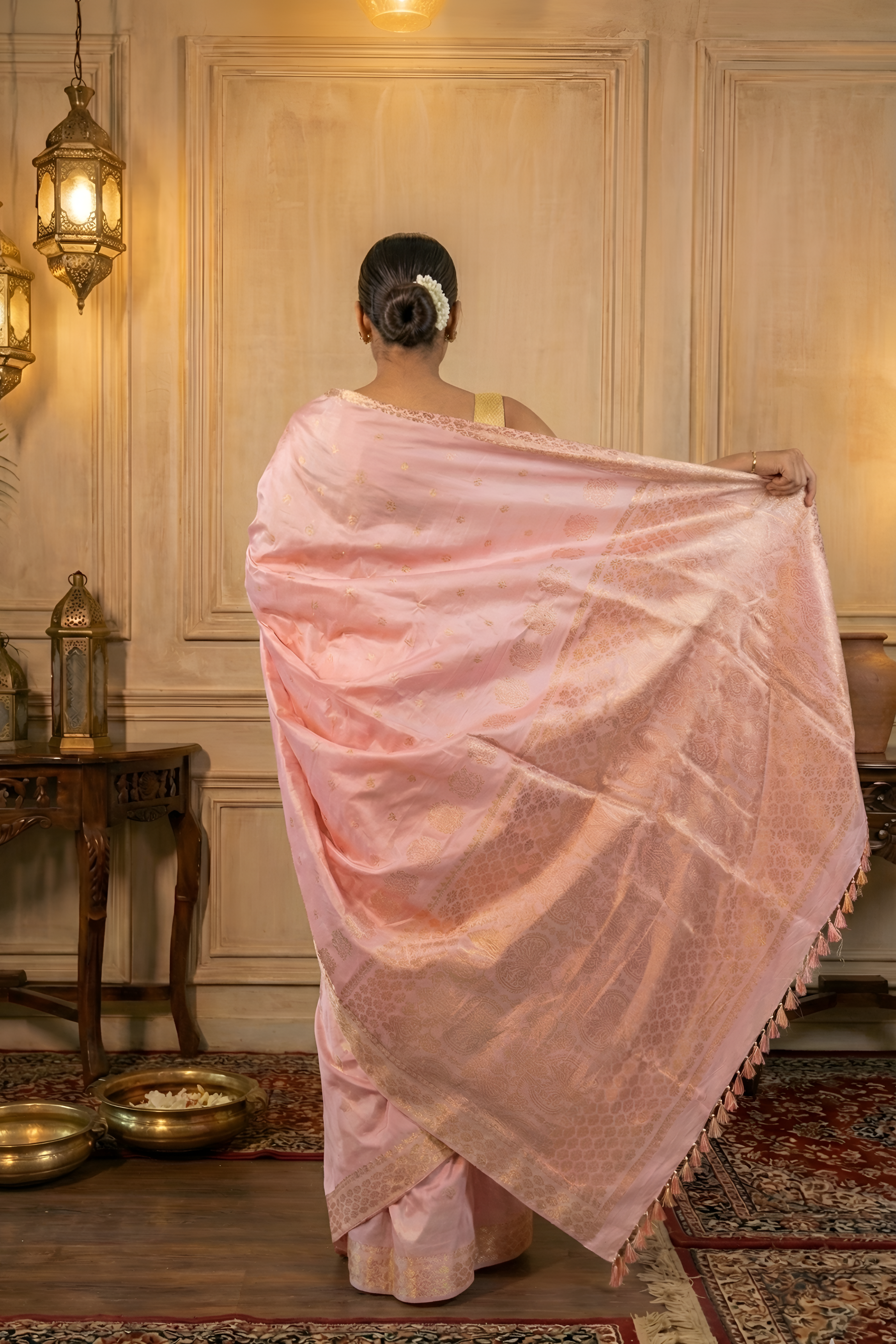 Light Baby Pink Assam Silk Saree with Heavy Gold Work With Blouse Piece