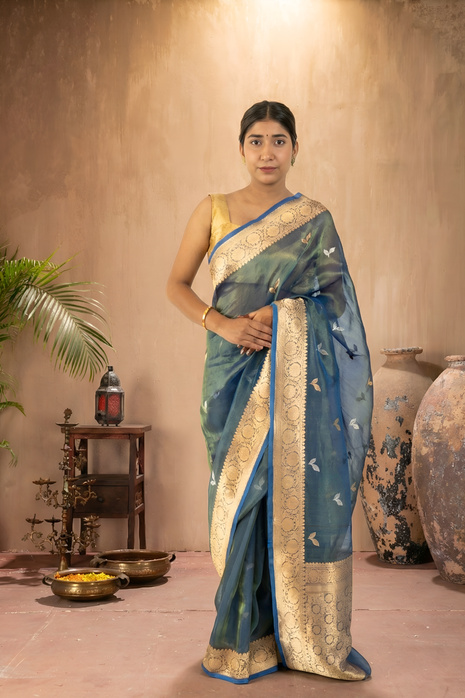 Peacock Blue Green Kora Tissue Banarasi Saree With Blouse Piece