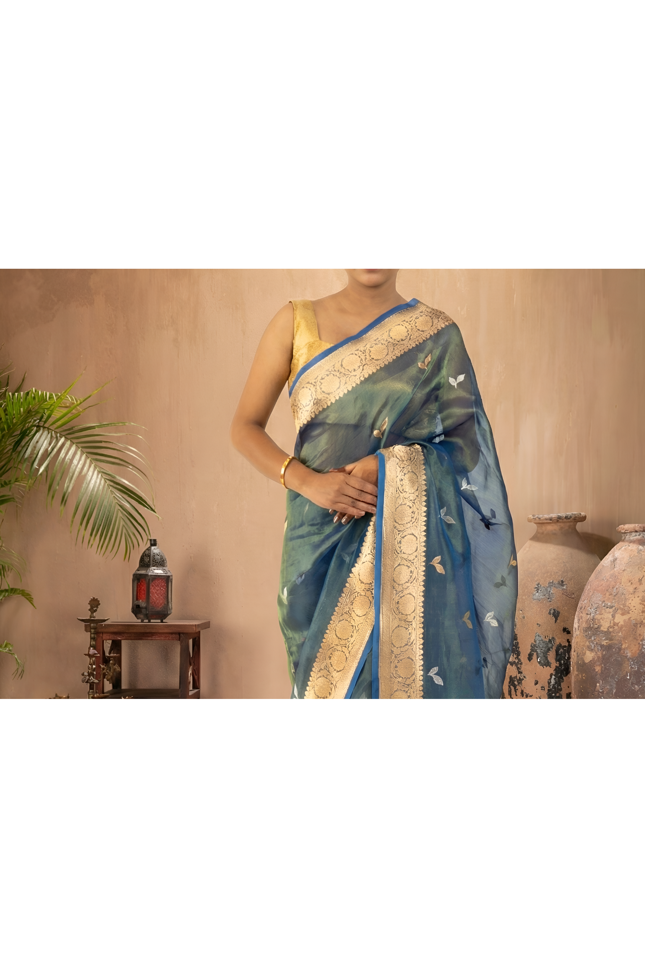 Peacock Blue Green Kora Tissue Banarasi Saree With Blouse Piece