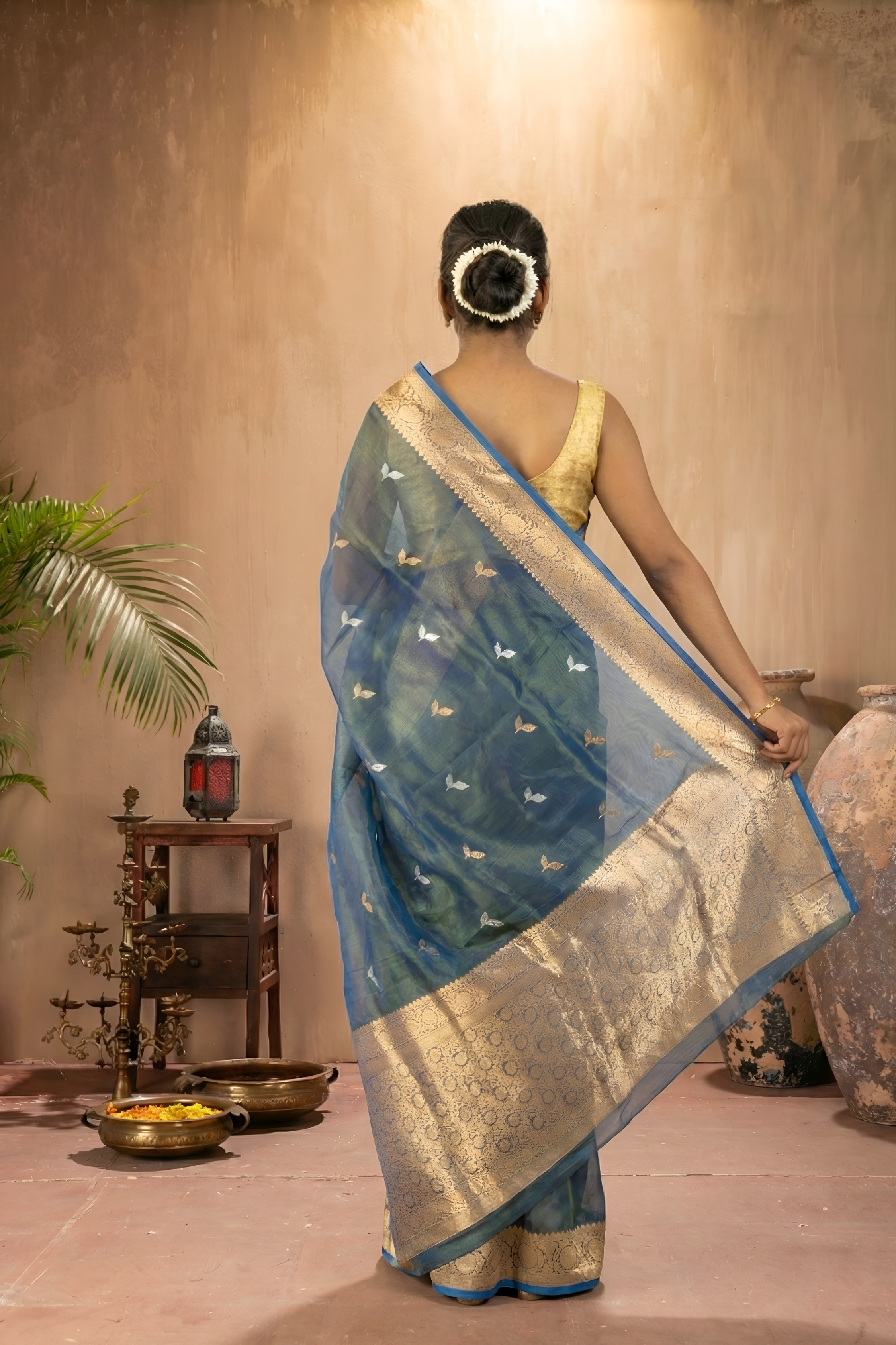 Peacock Blue Green Kora Tissue Banarasi Saree With Blouse Piece