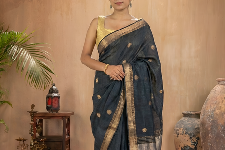 Charcoal Black Matka Silk Saree With Antique Gold Work With Blouse Piece
