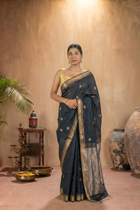 Charcoal Black Matka Silk Saree With Antique Gold Work With Blouse Piece