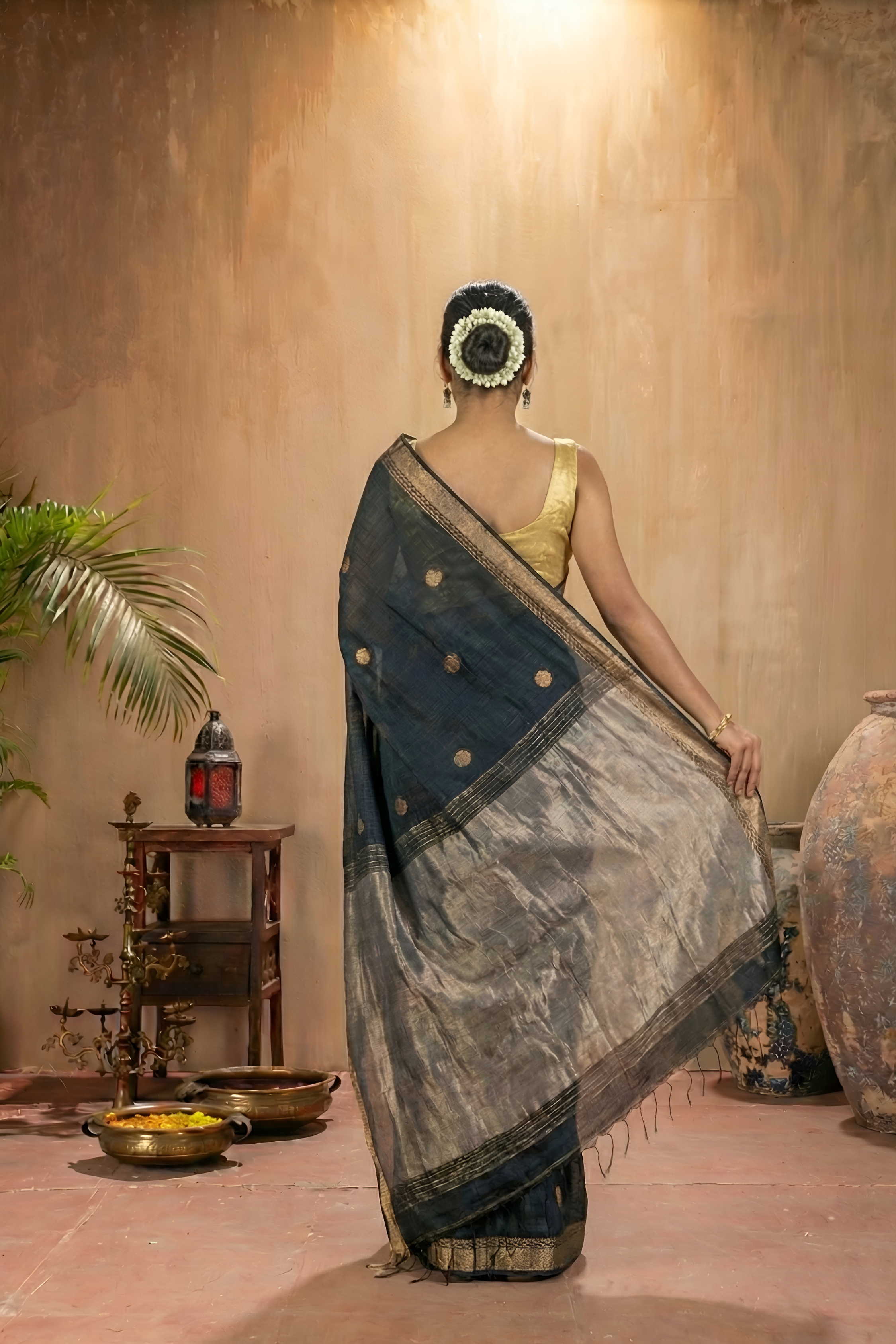 Charcoal Black Matka Silk Saree With Antique Gold Work With Blouse Piece