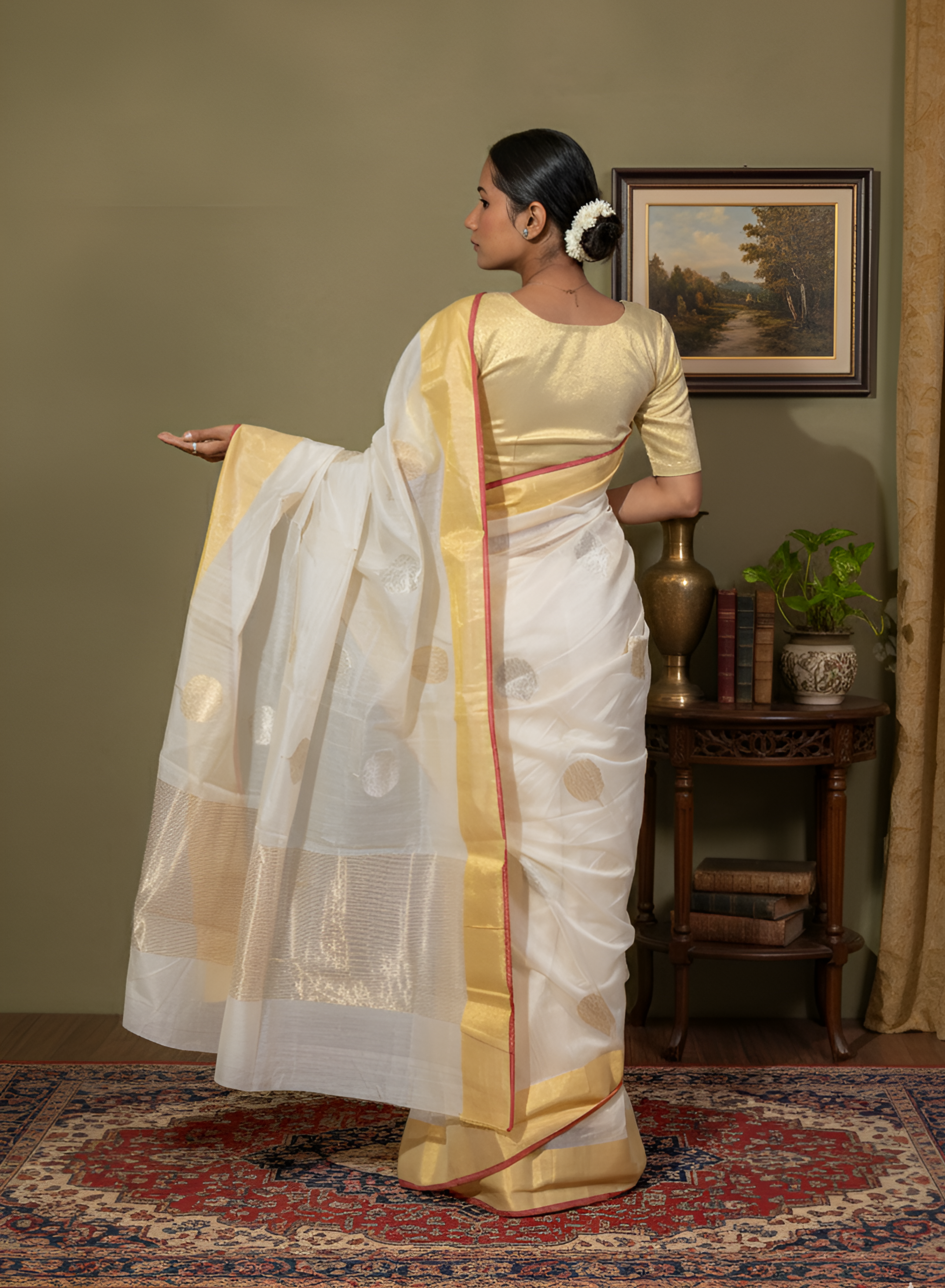 Off White Gold & Silver Butti Chanderi Silk Cotton Saree With Blouse Piece