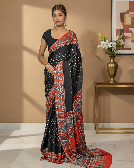 Red & Blue Modal Silk Saree With Blouse Piece