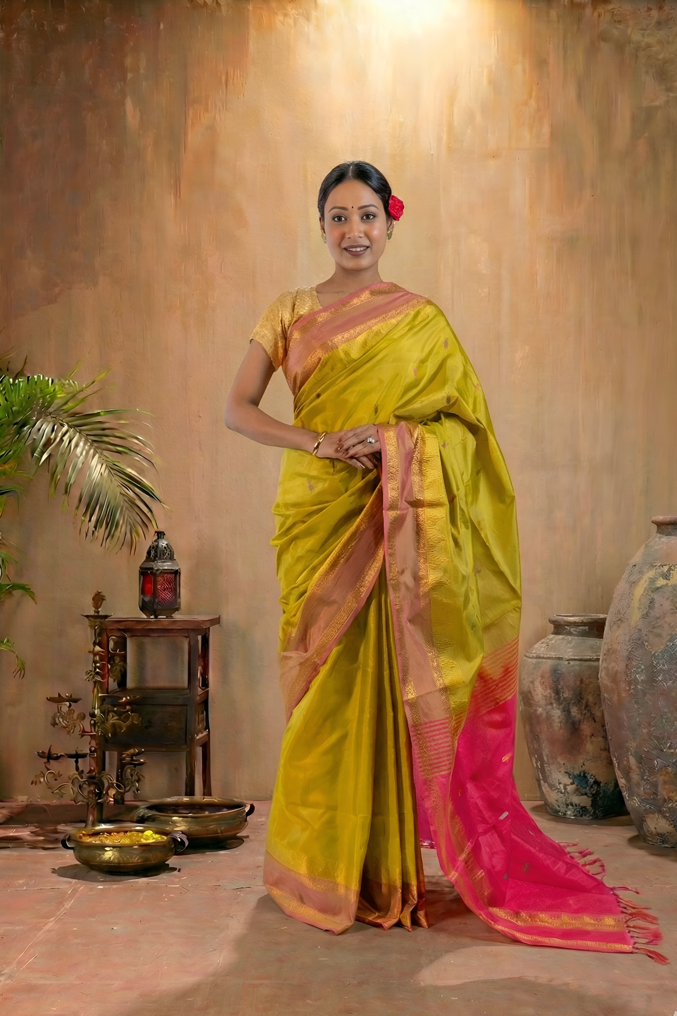 Lemon Green Body & Pink Palla Banana Silk Saree with Zari With Blouse Piece