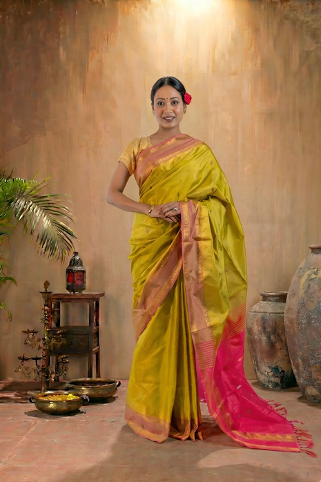 Lemon Green Body & Pink Palla Banana Silk Saree with Zari With Blouse Piece