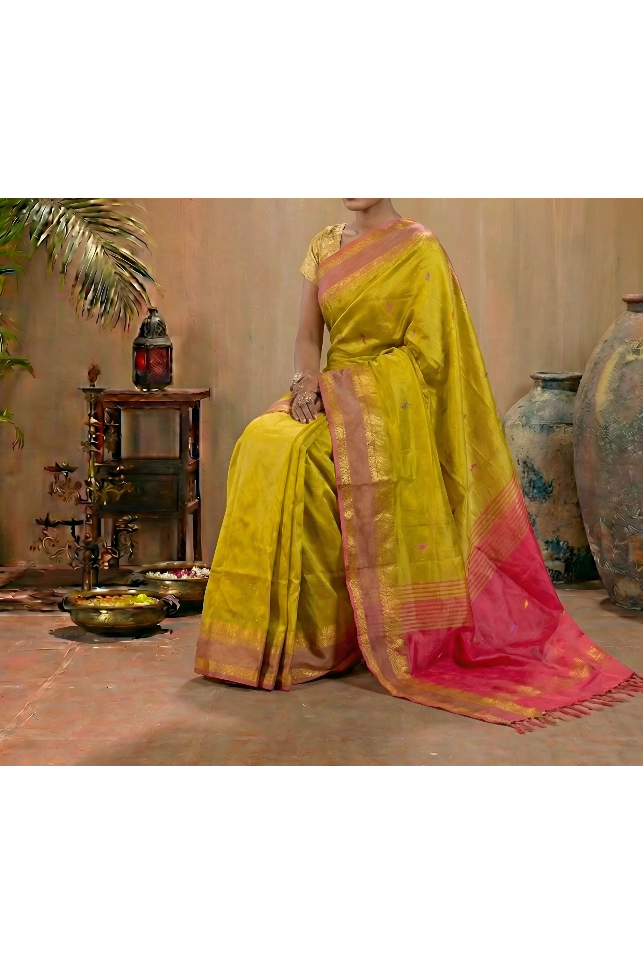 Lemon Green Body & Pink Palla Banana Silk Saree with Zari With Blouse Piece