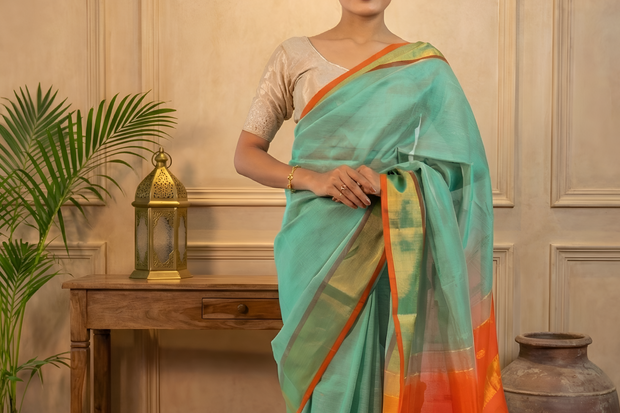 Ocean Green Body with Vermilion Orange Paturi Silk