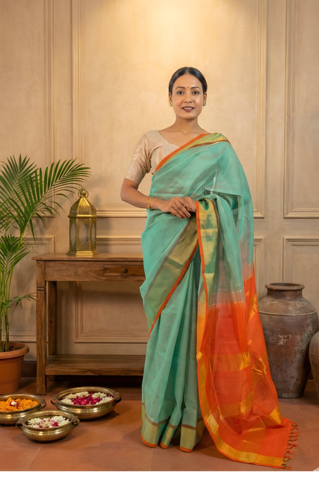 Ocean Green Body with Vermilion Orange Paturi Silk Saree With Blouse Piece