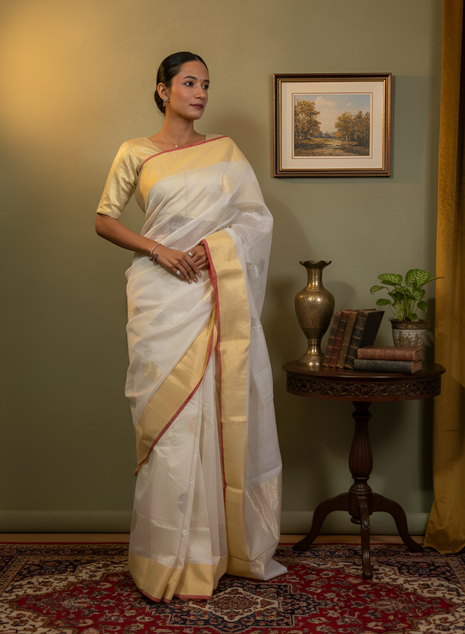 Off White Gold & Silver Butti Chanderi Silk Cotton Saree With Blouse Piece