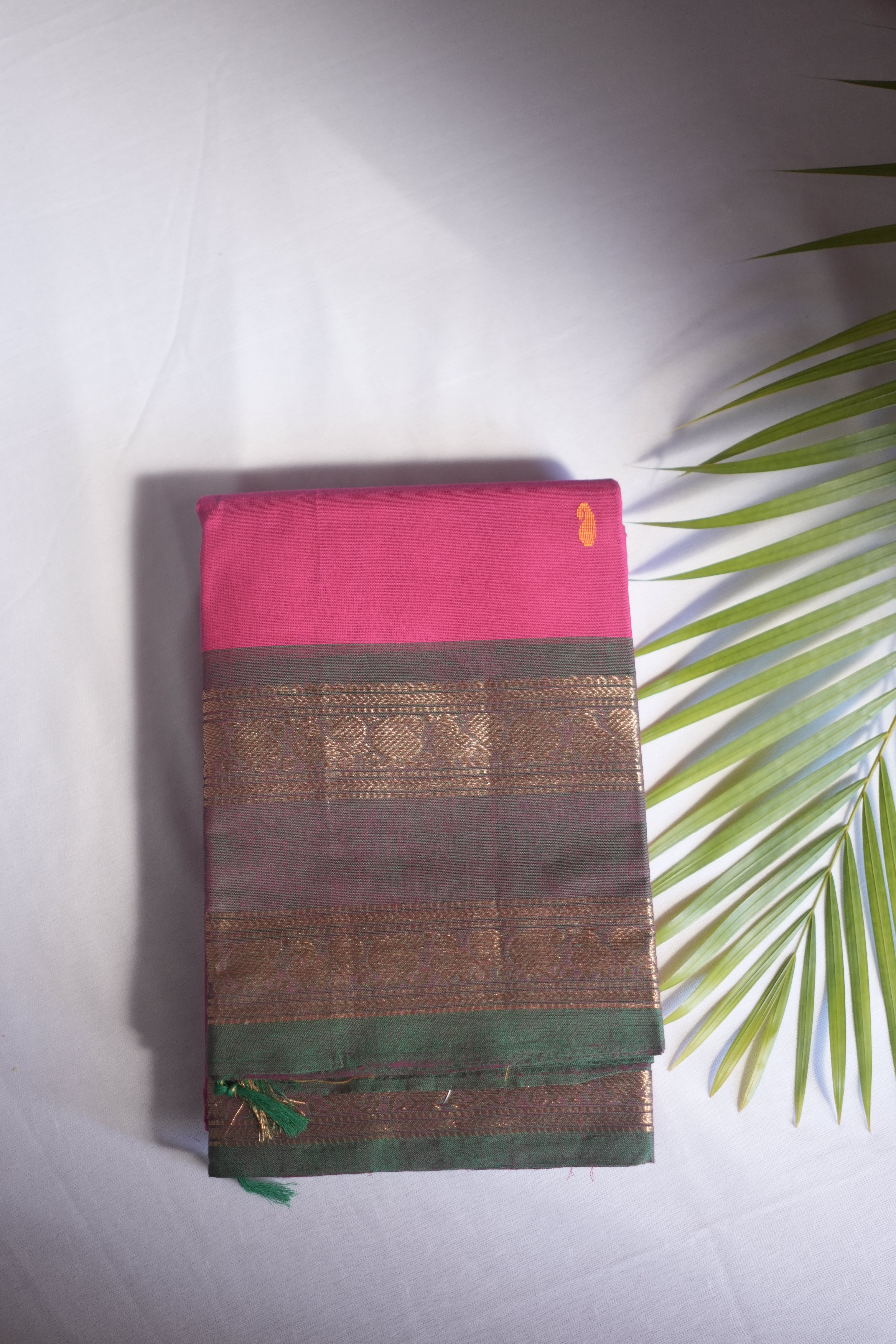 Rani Pink & Green Spaced Border Kanchi Cotton Saree With Blouse Piece