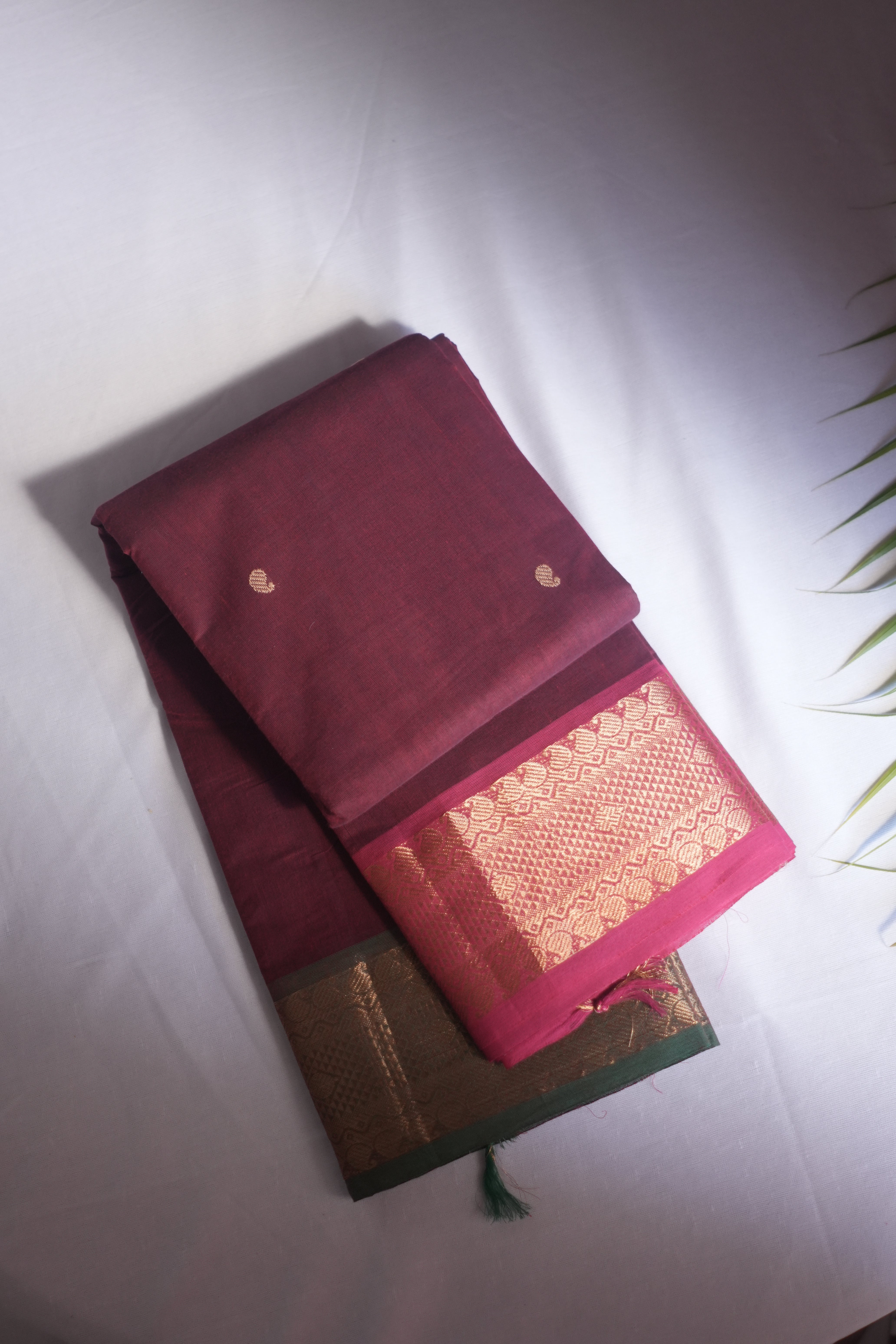 Maroon, Pink Green Ganga Jumuna Border Kanchi Cotton Saree With Blouse Piece