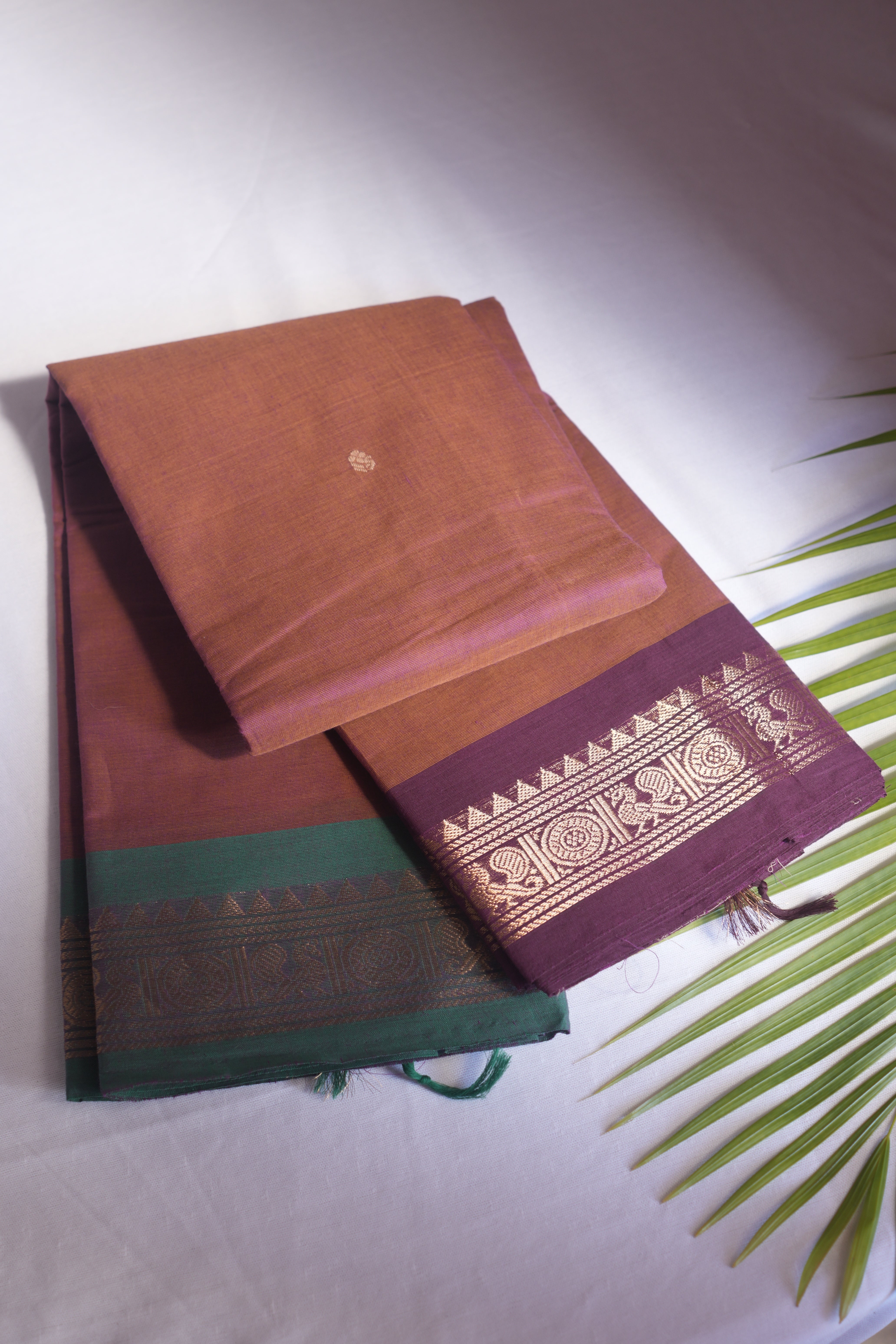 Brown, Maroon Green Ganga Jumuna Border Kanchi Cotton Saree With Blouse Piece