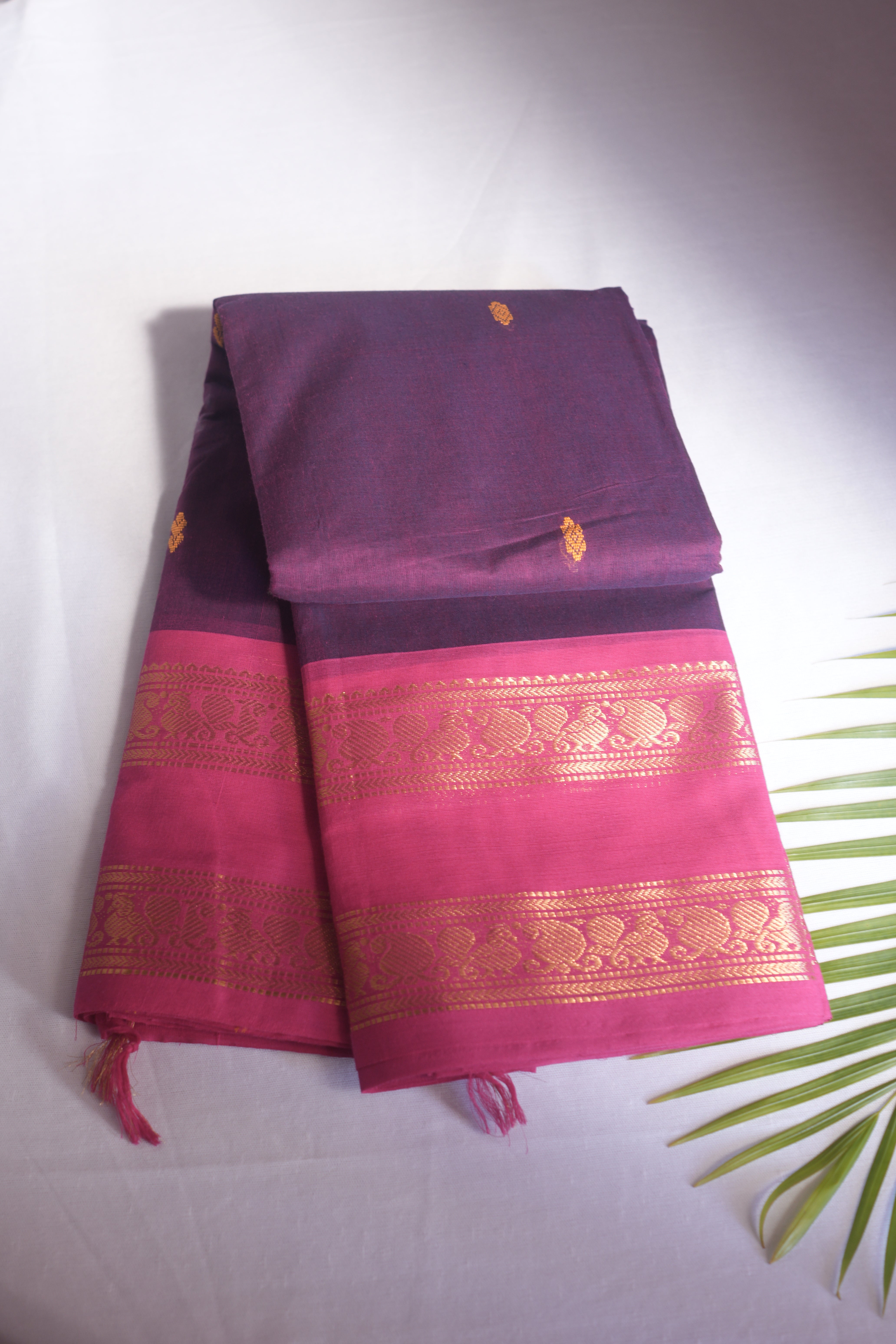 Deep Voilet & Rani Pink Spaced Border Kanchi Cotton Saree With Blouse Piece