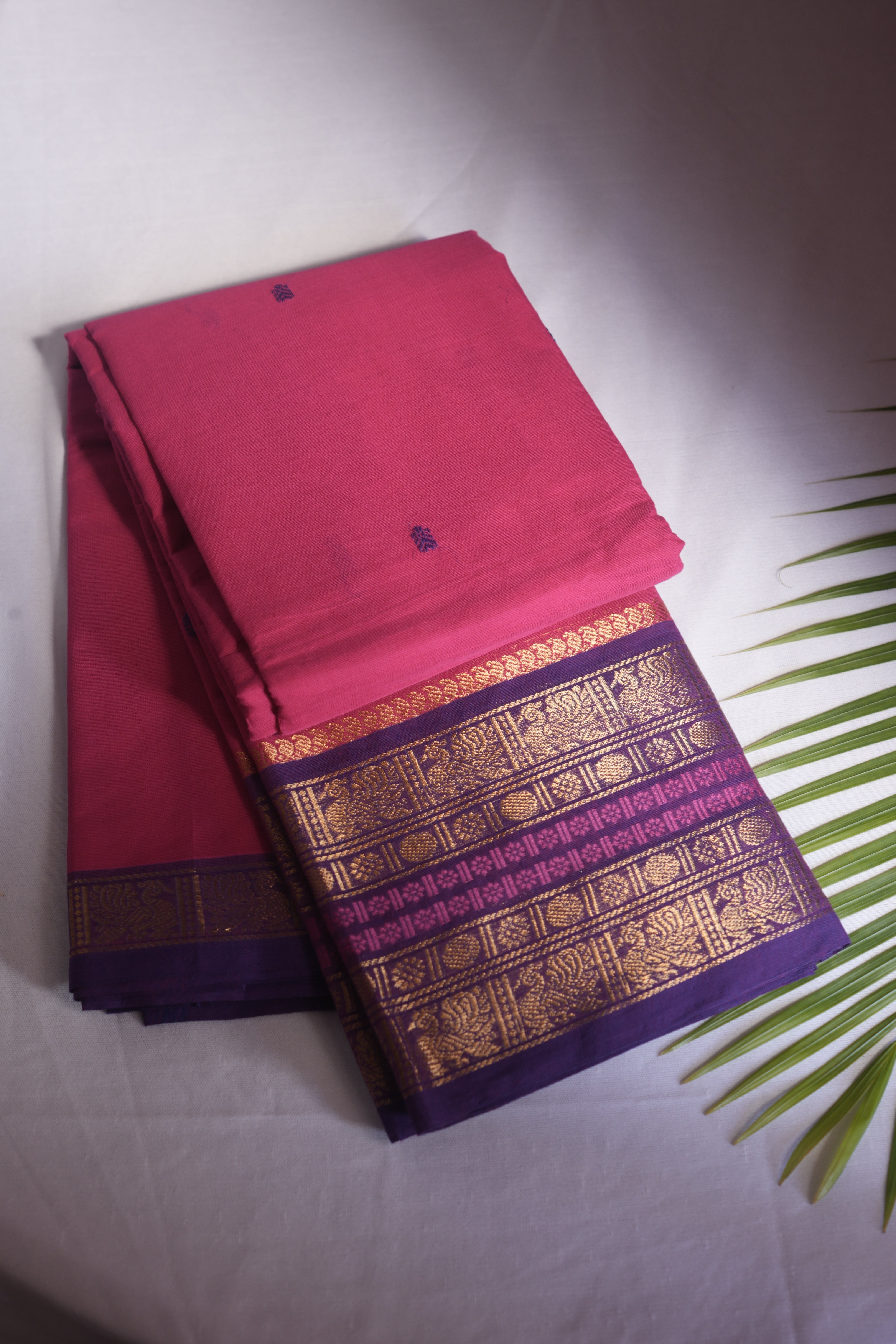Rani Pink Purple Spaced Border Kanchi Cotton Saree With Blouse Piece