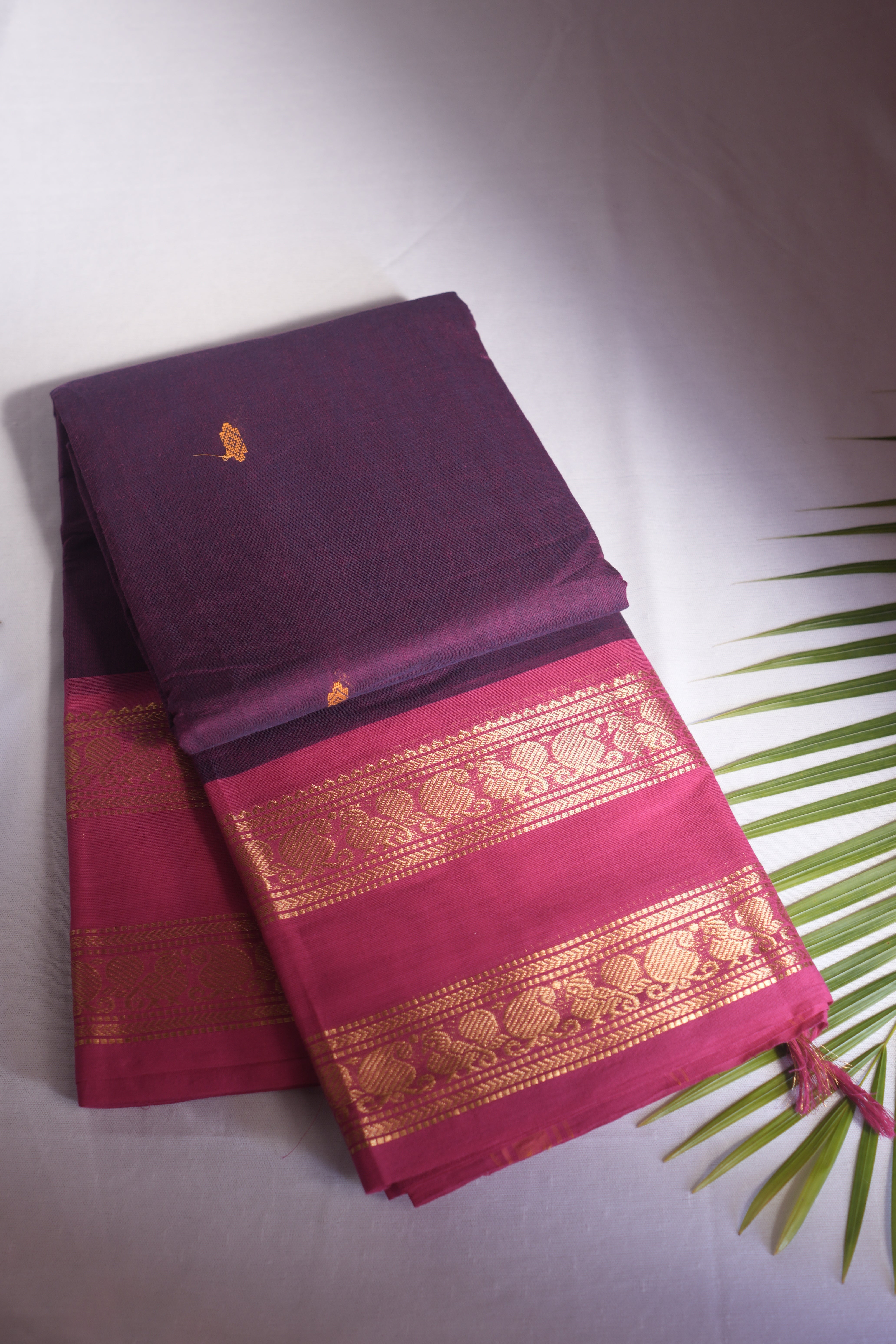 Deep Voilet & Rani Pink Spaced Border Kanchi Cotton Saree With Blouse Piece