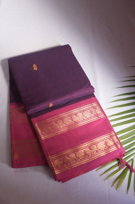 Deep Voilet & Rani Pink Spaced Border Kanchi Cotton Saree With Blouse Piece