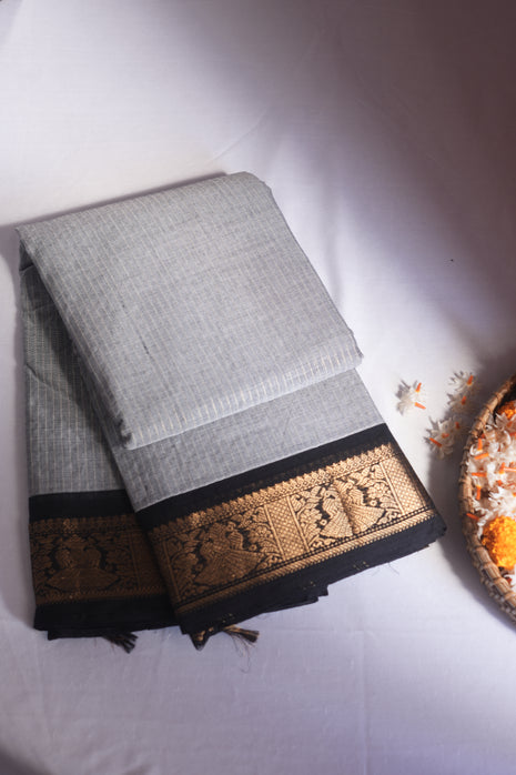 Grey & Black Stripe Kanchi Cotton Saree With Blouse Piece