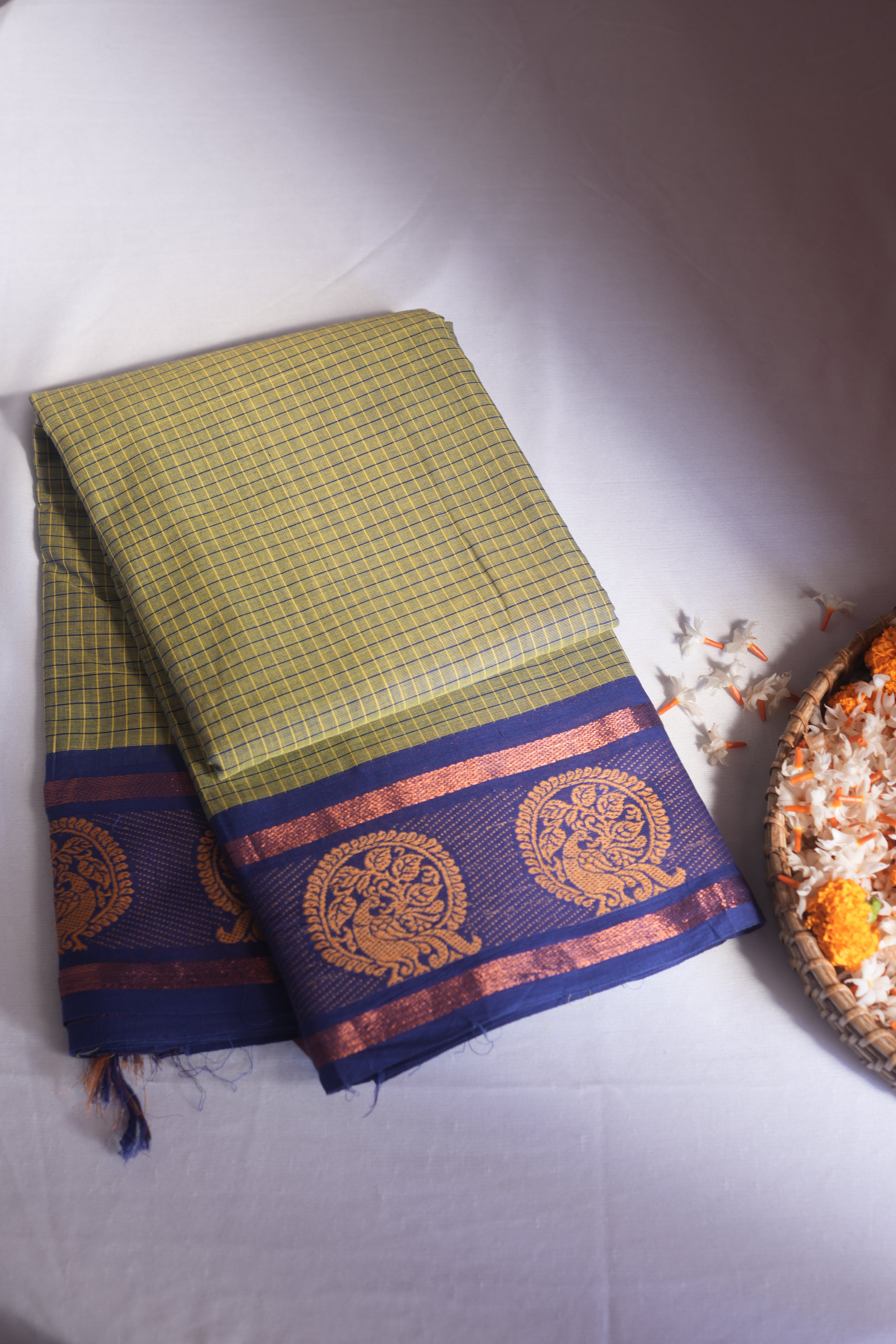 Olive Green & Royal Blue With Check Kanchi Cotton Saree With Blouse Piece