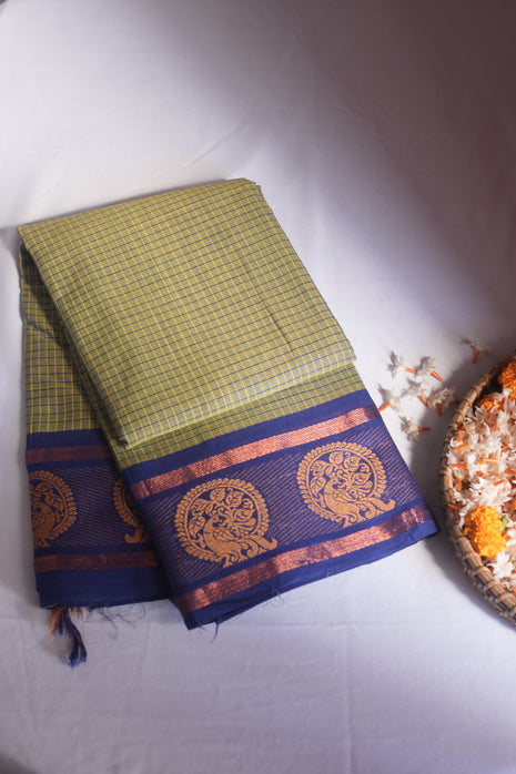 Olive Green & Royal Blue With Check Kanchi Cotton Saree With Blouse Piece