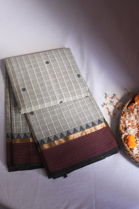 Very Light Olive Green & Maroon Check Kanchi Cotton Saree With Blouse Piece