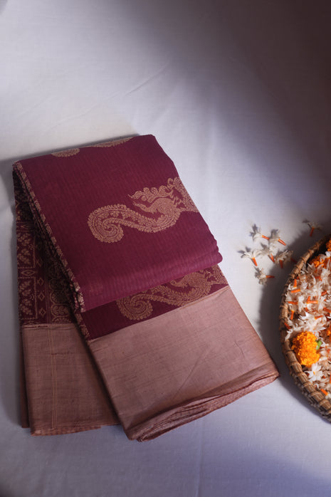 Maroon & Light Pink Border Cotton Tant Saree Without Blouse Piece