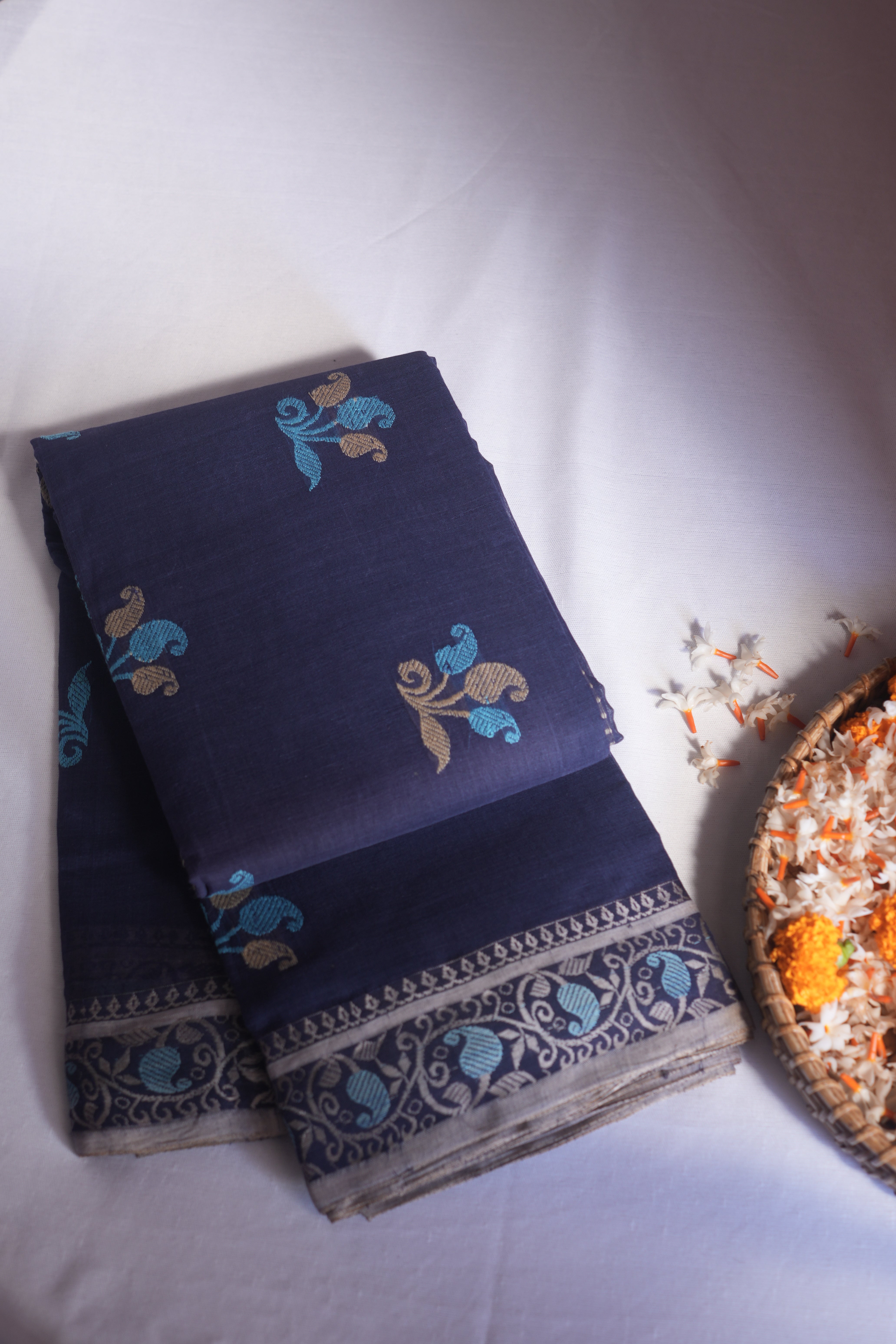 Navy Blue Cotton Tant Saree Without Blouse Piece