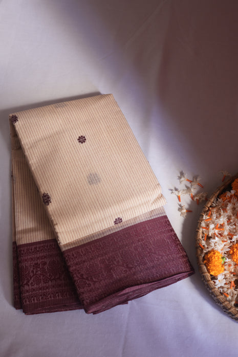 Sandal & Maroon Border Stripe Bengal Tant Saree Without Blouse Piece