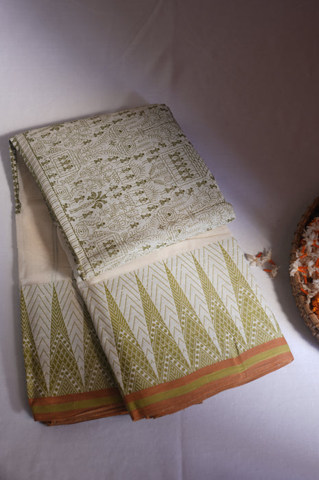 Cream & Olive Green Cotton Tant Saree Without Blouse Piece