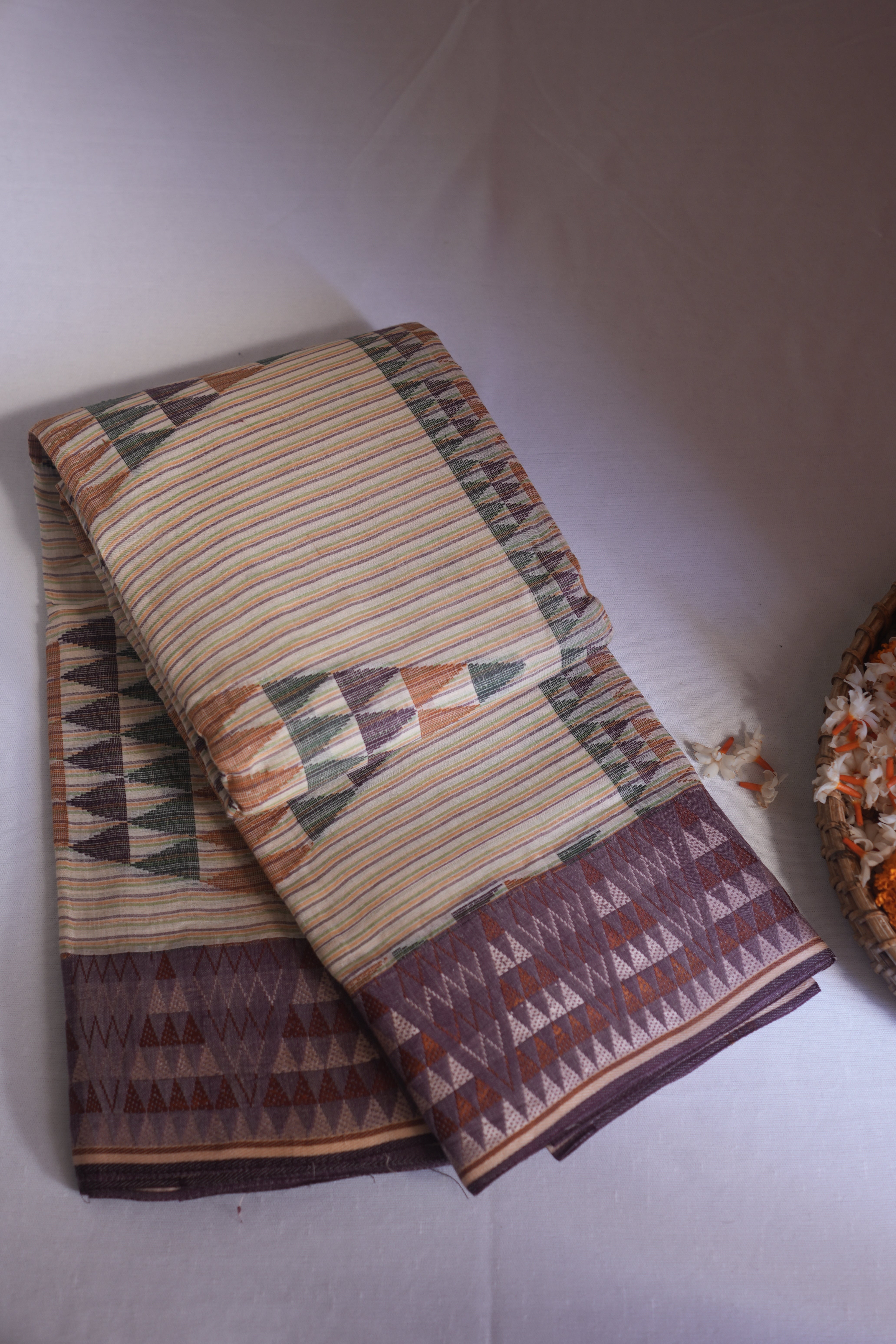 Cream Horizontal Stripe Maroon Border Cotton Tant Saree Without Blouse Piece