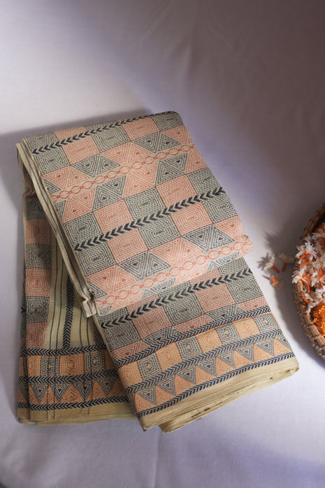 Katha Stich Design Cream Cotton Tant Saree Without Blouse Piece