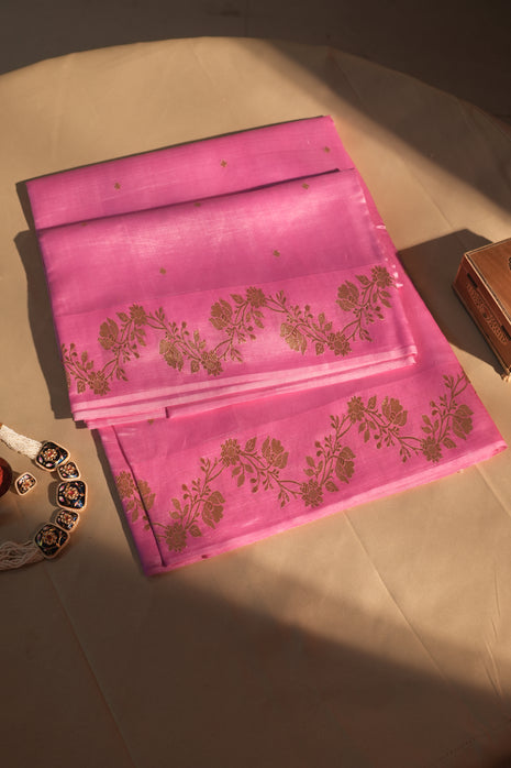 Vibrant Pink Delicate Border Banarsi Silk Saree With Blouse Piece