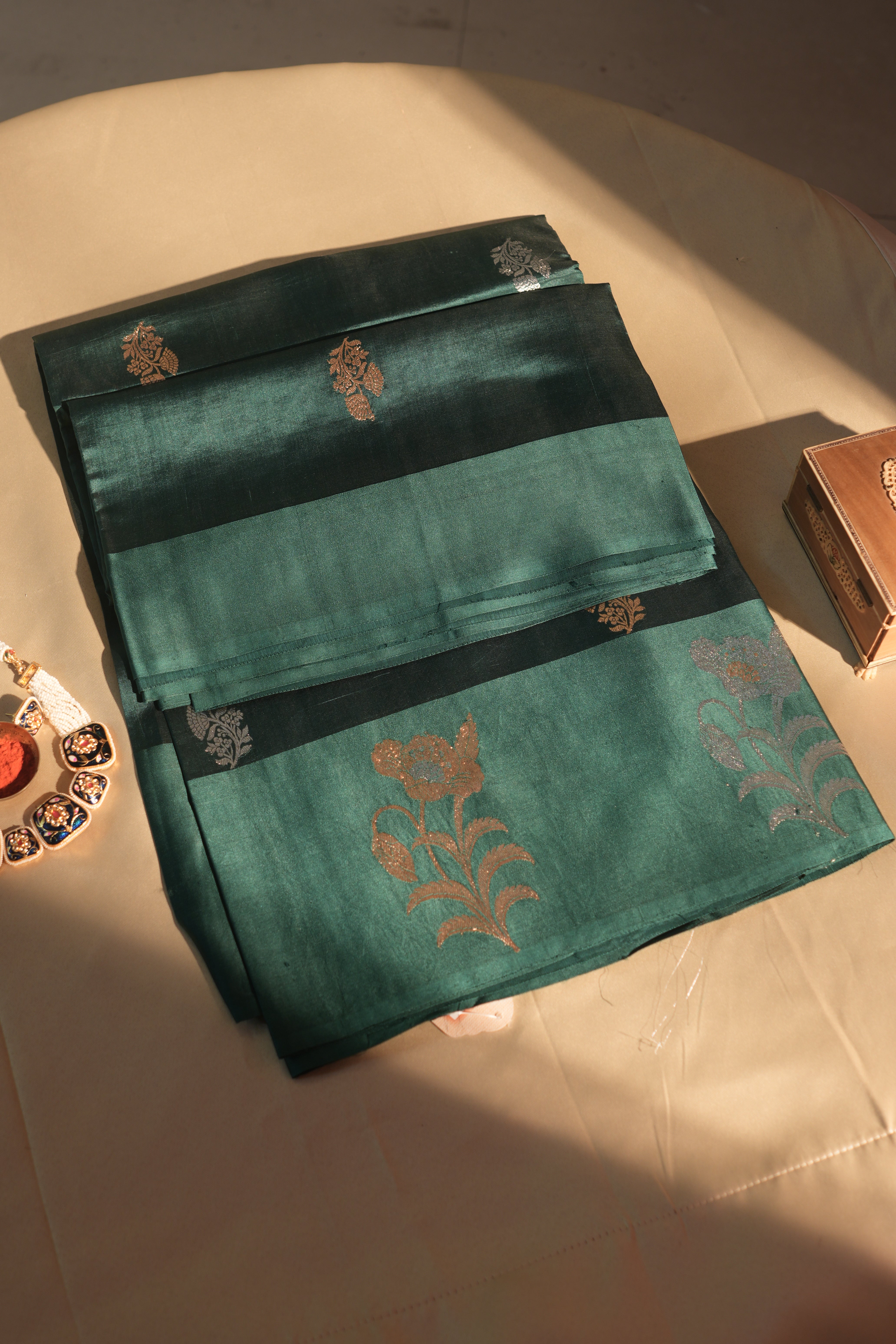 Gold And Silver Butta Deep Green Banarasi Saree With Blouse Piece