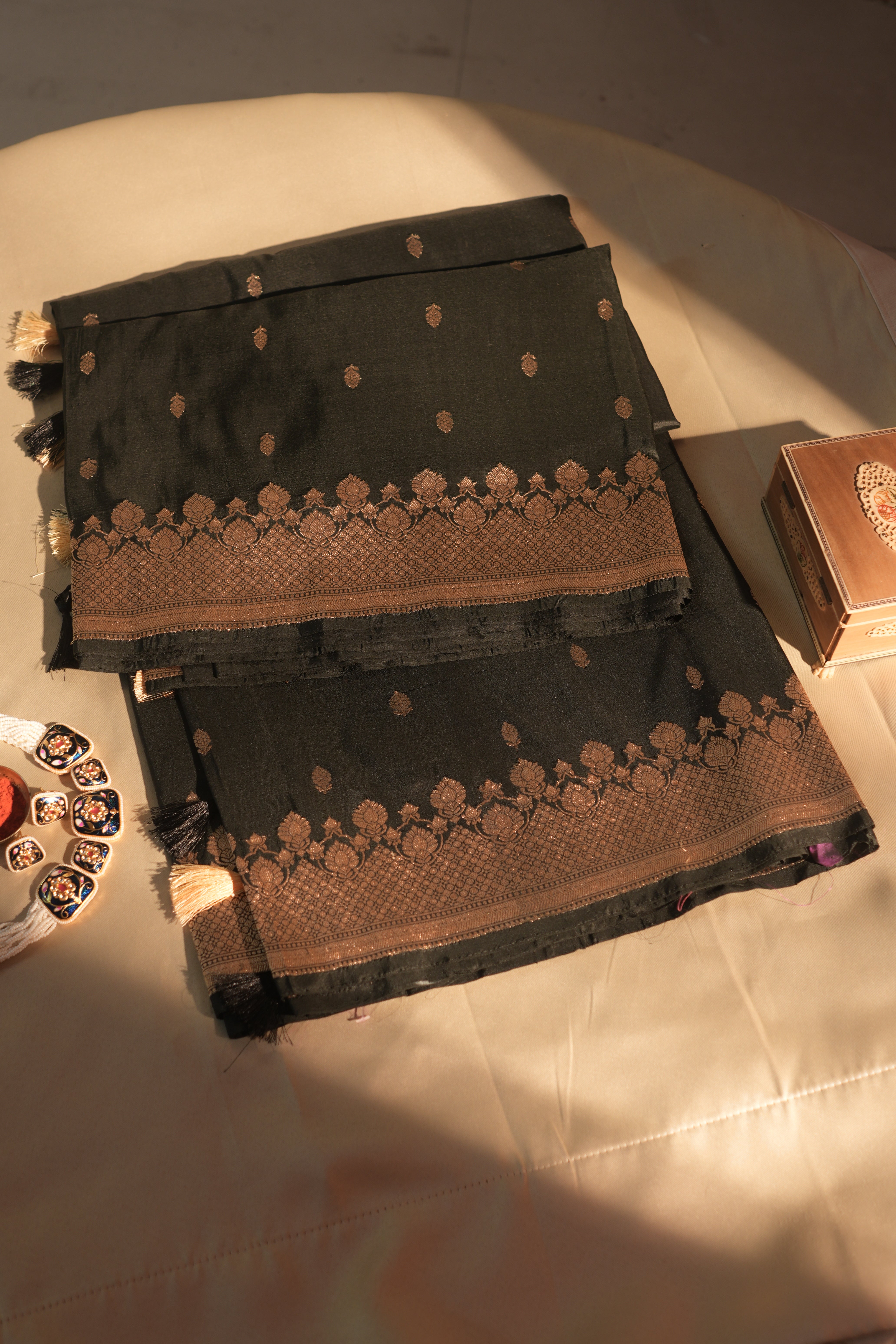 Matt Black Golden Kadwabanarasi Silk Saree With Blouse Piece