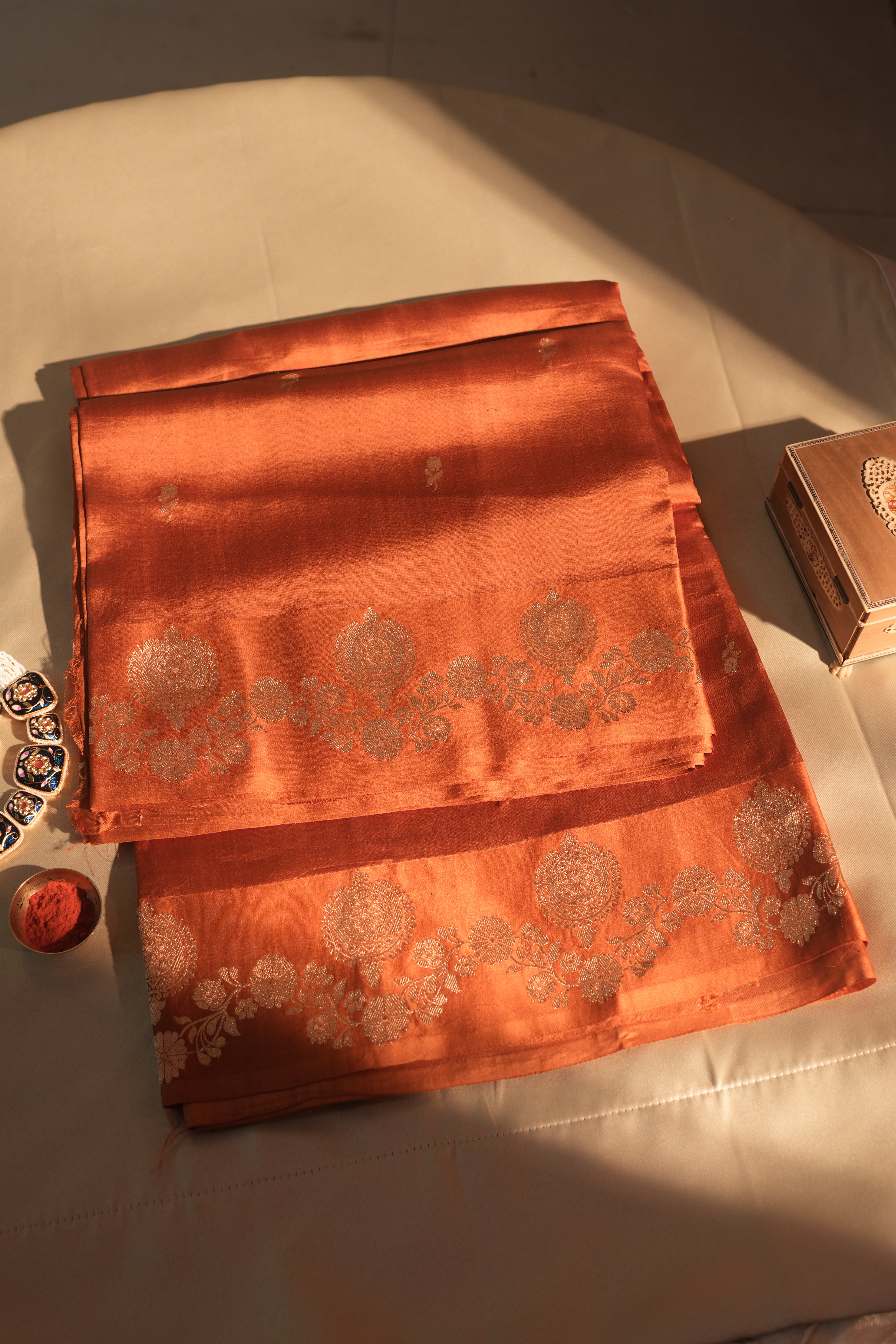 Unique Rust Color Delicate Border Banarasi Saree With Blouse Piece