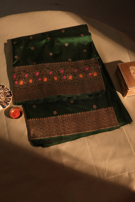Deep Green With Colorful Meenakari Work Banarasi Silk Saree With Blouse Piece