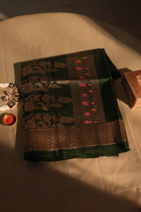 Deep Green With Colorful Meenakari Work Banarasi Silk Saree With Blouse Piece