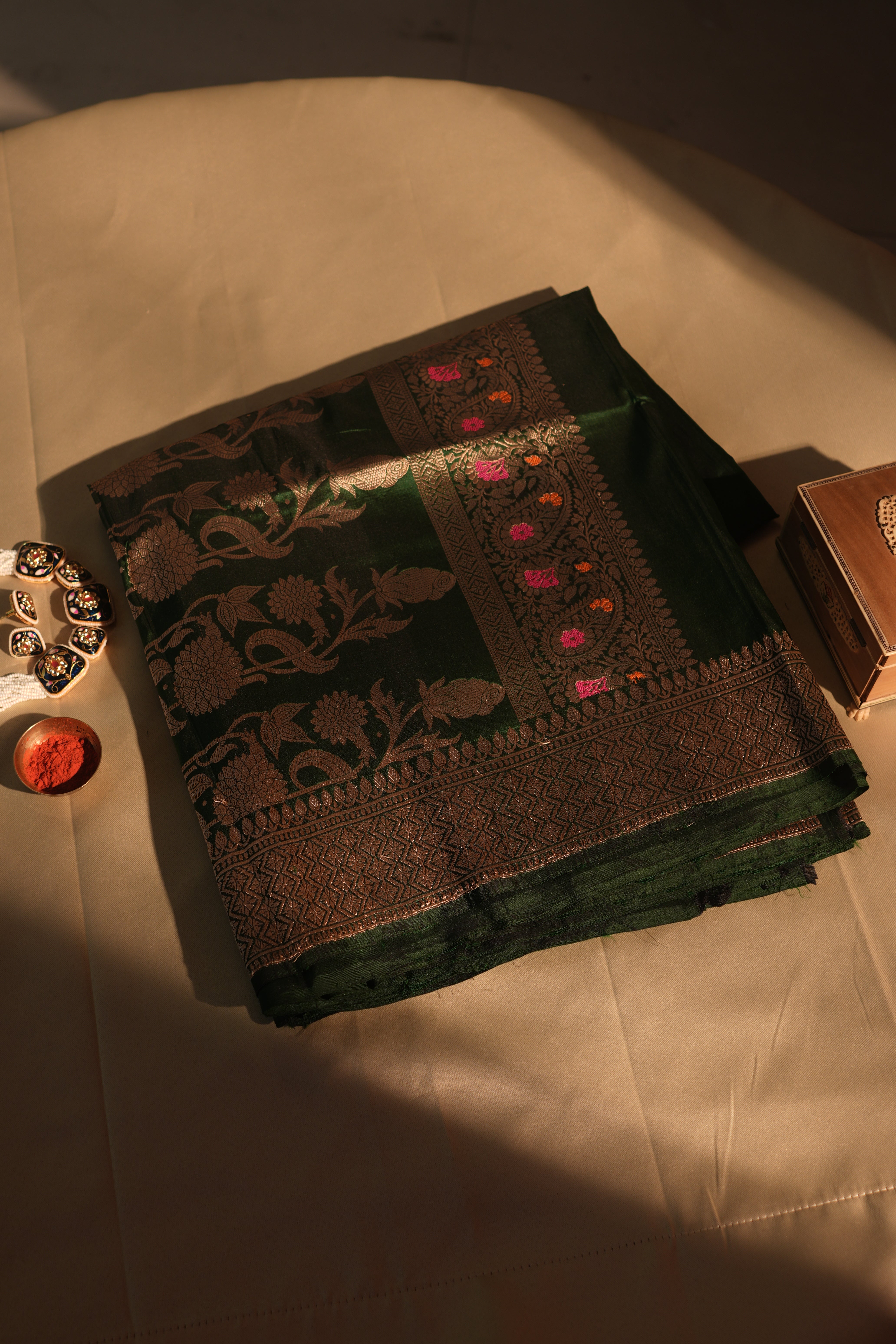 Deep Green With Colorful Meenakari Work Banarasi Silk Saree With Blouse Piece