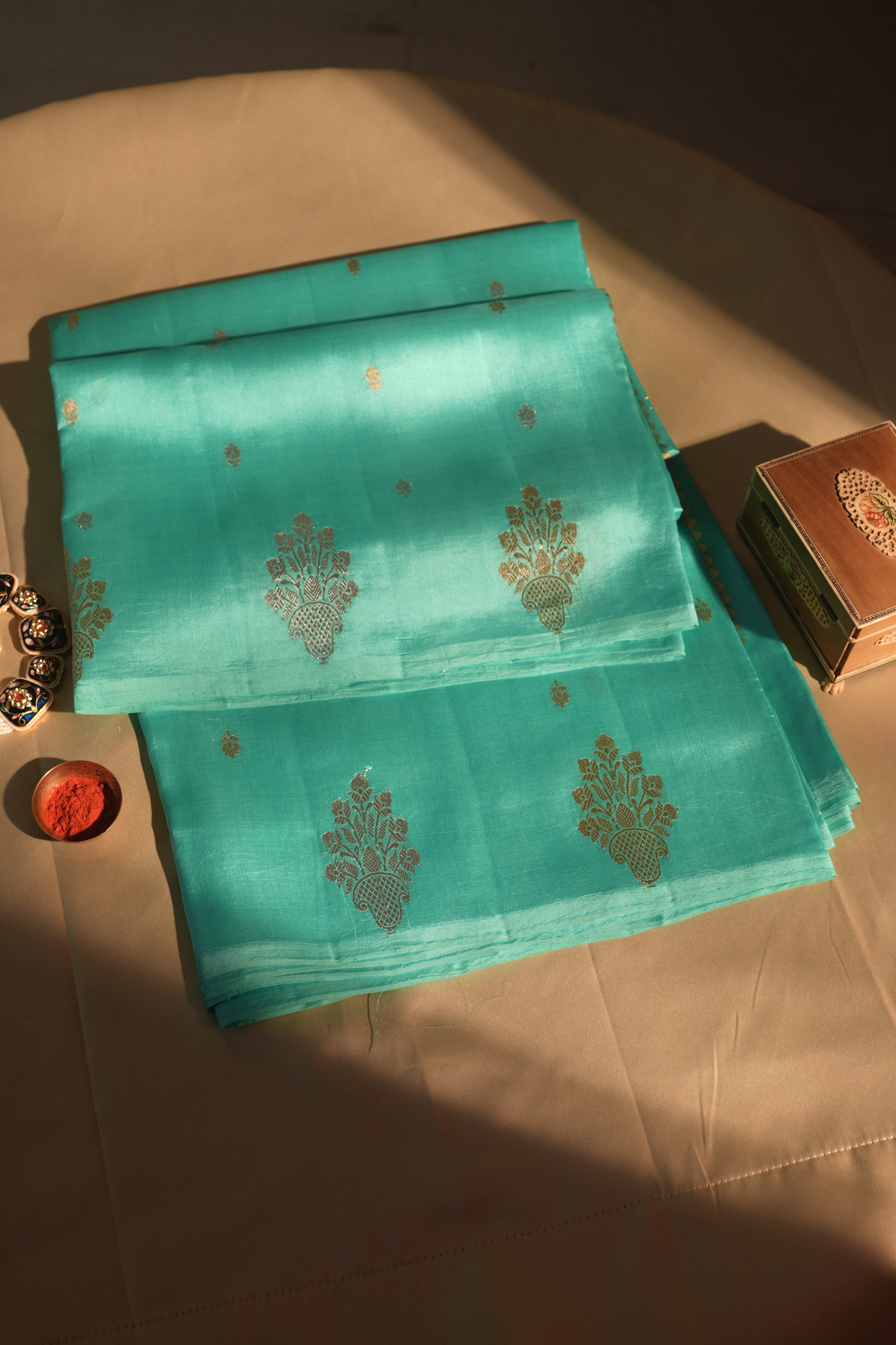 Firozi Butta Border Banarasi Silk Saree With Blouse Piece