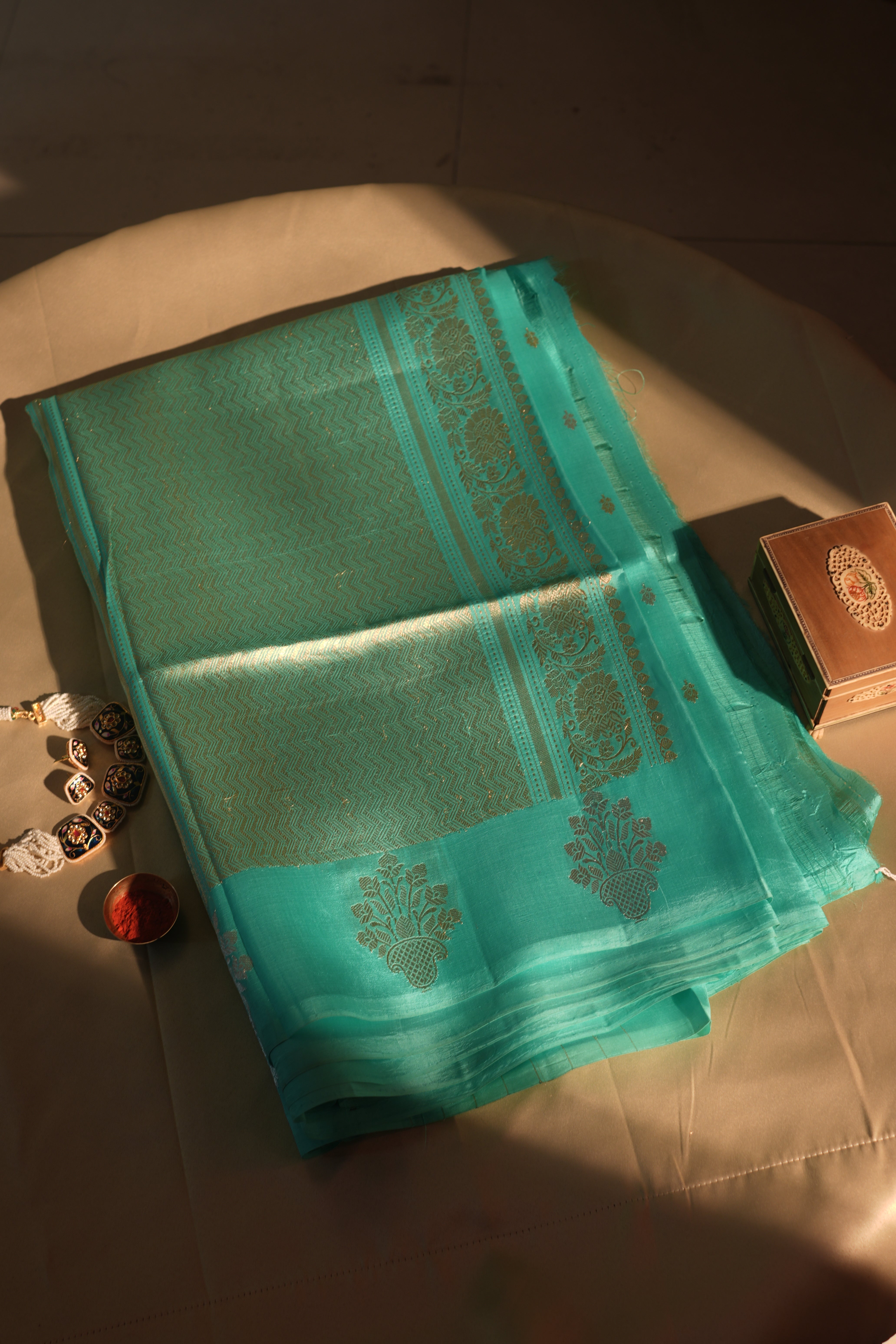 Firozi Butta Border Banarasi Silk Saree With Blouse Piece