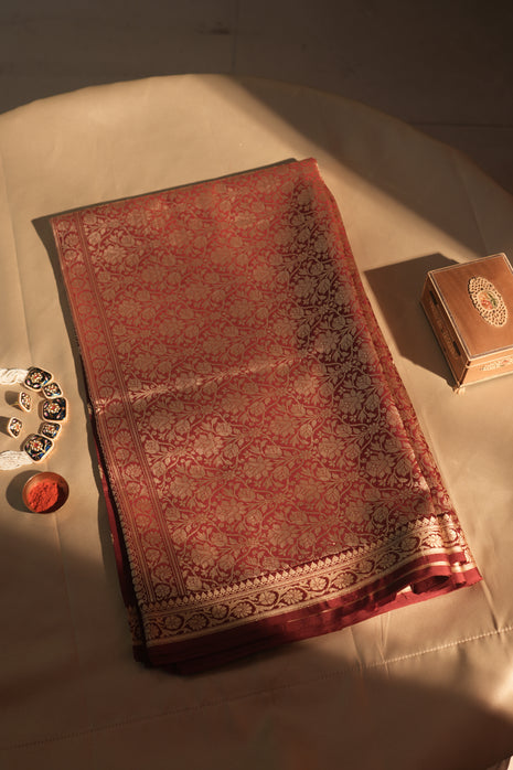 Maroon Resham Work Banarasi Silk Saree With Blouse Piece