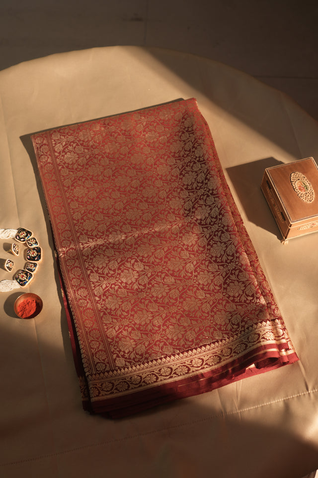 Maroon Resham Work Banarasi Silk Saree With Blouse Piece