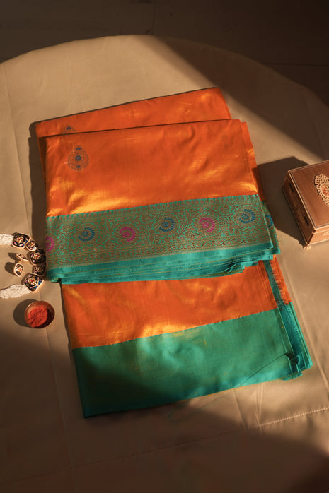 Deep Yellow Sea Green Meenakari Banarasi Silk Border Saree With Blouse Piece