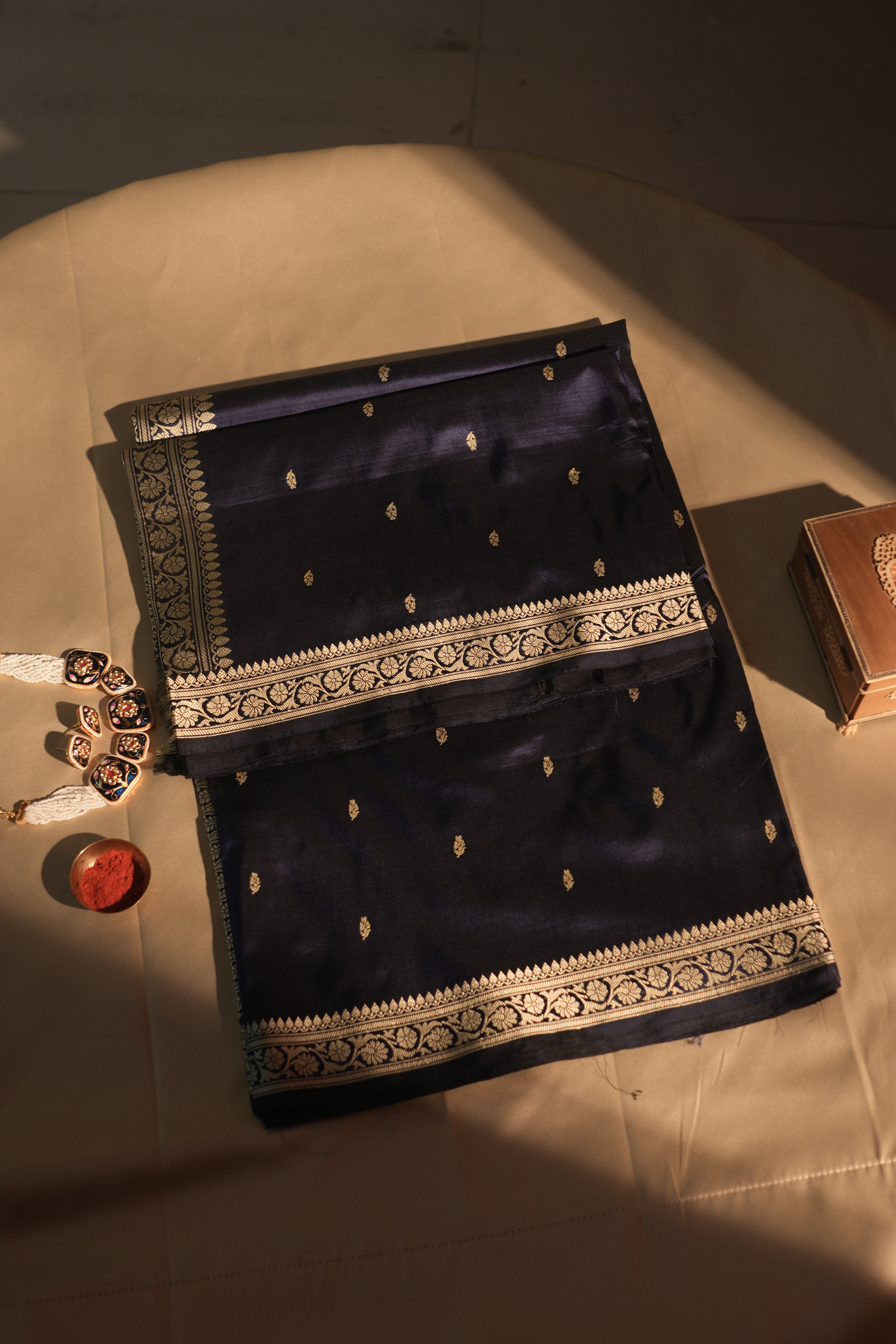 Deep Navy Blue Resham Work Banarasi Silk Saree With Blouse Piece