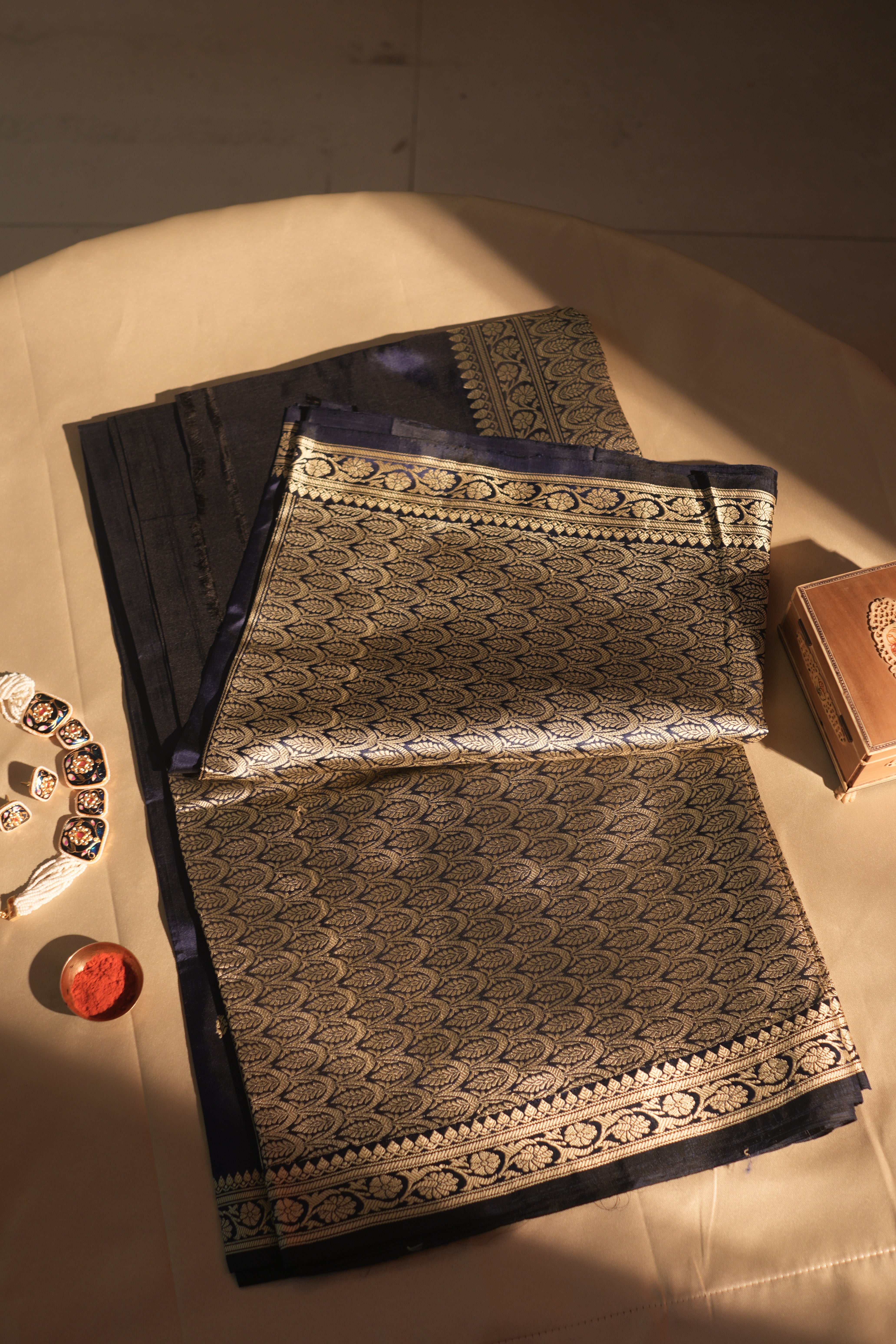 Deep Navy Blue Resham Work Banarasi Silk Saree With Blouse Piece