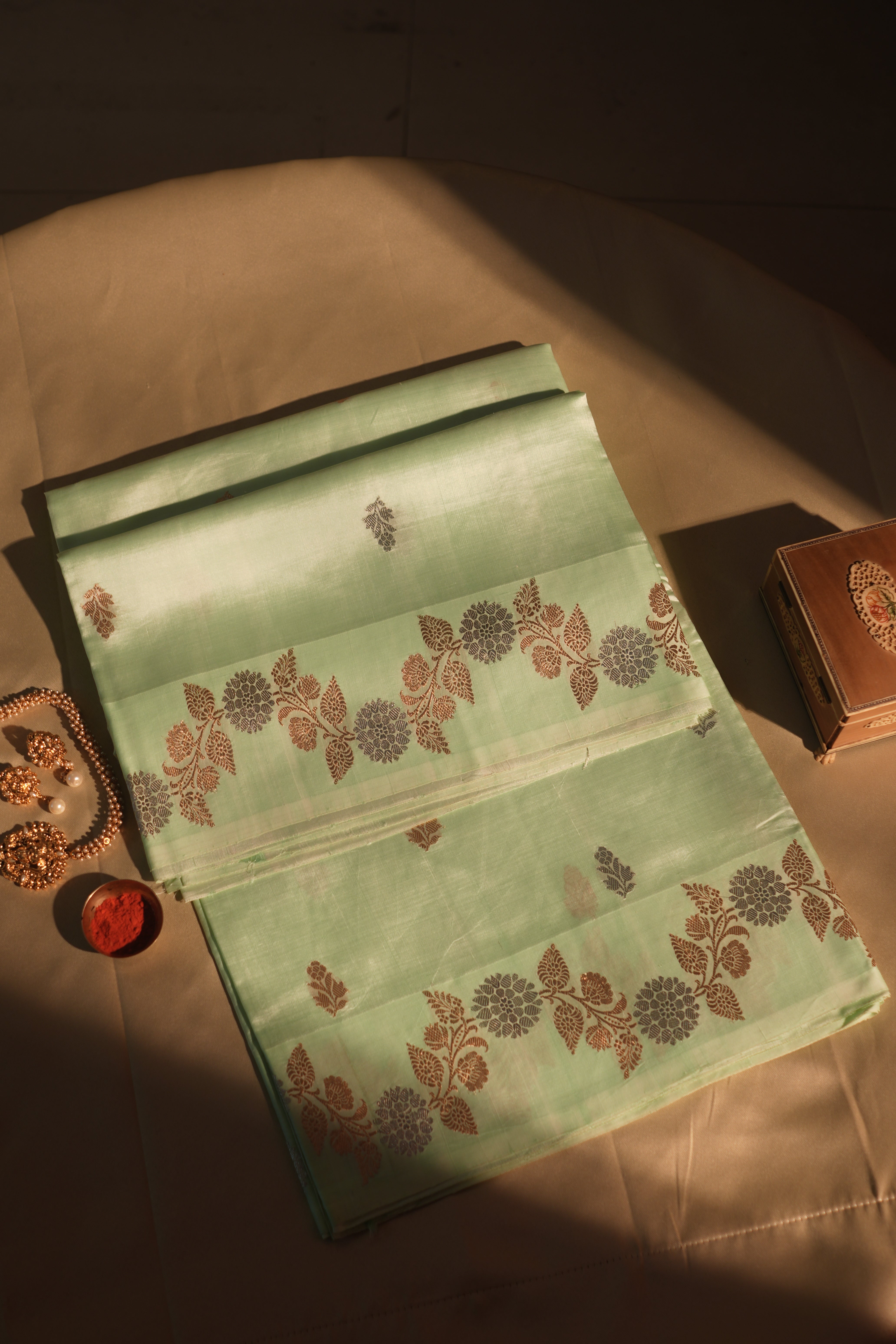 Light Pista Delicate Border Banarasi Silk Saree With Blouse Piece
