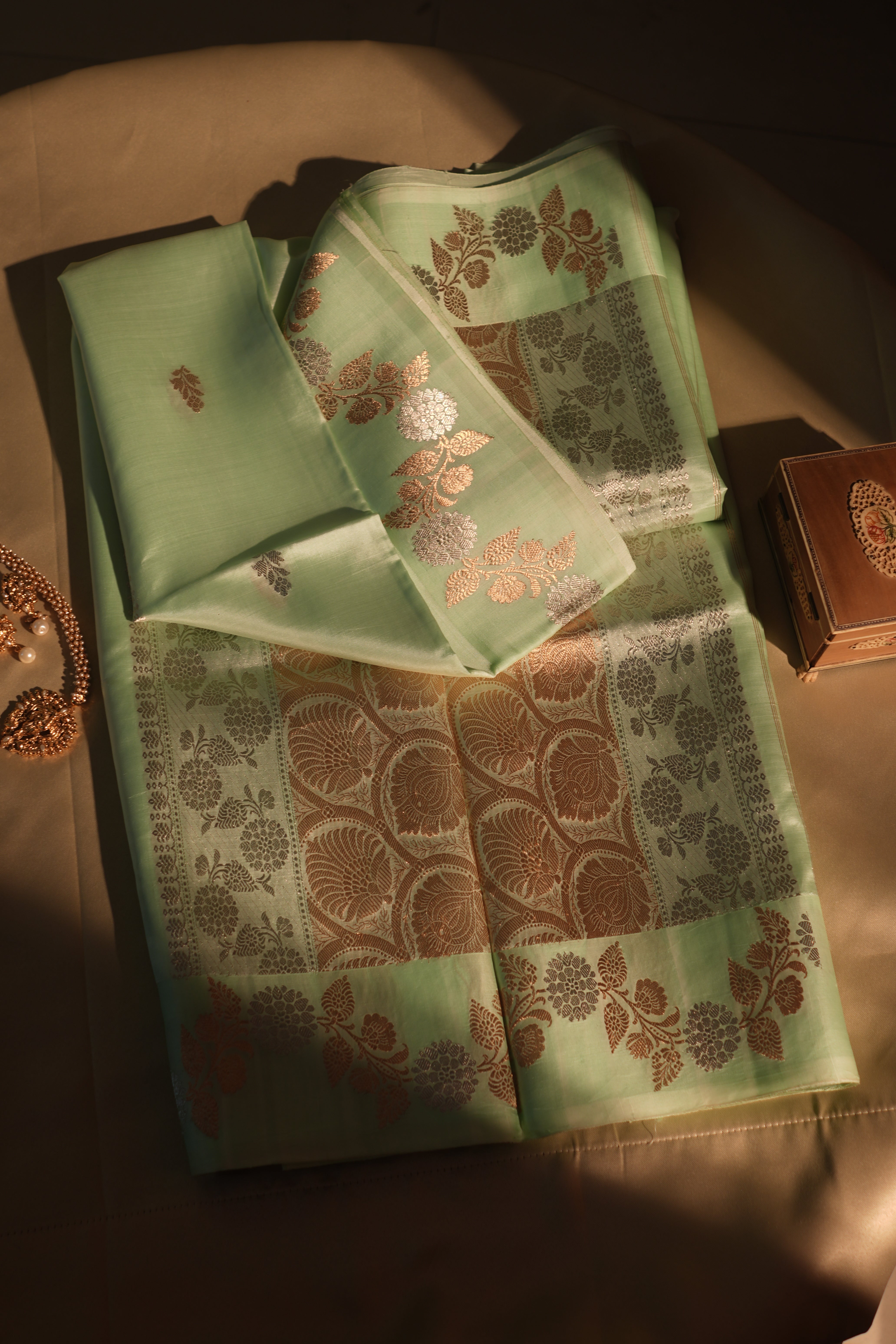 Light Pista Delicate Border Banarasi Silk Saree With Blouse Piece