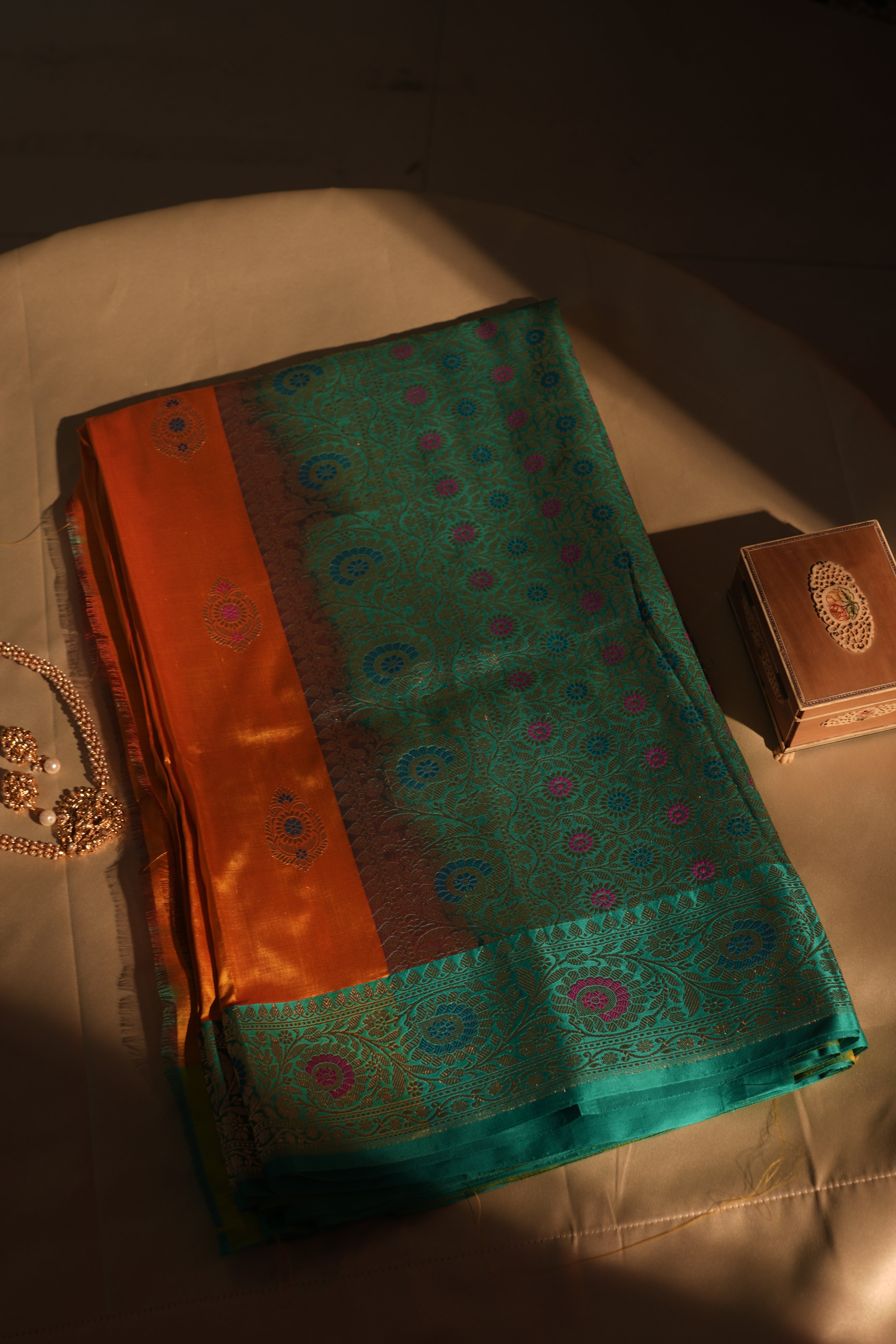 Deep Yellow Sea Green Meenakari Banarasi Silk Border Saree With Blouse Piece
